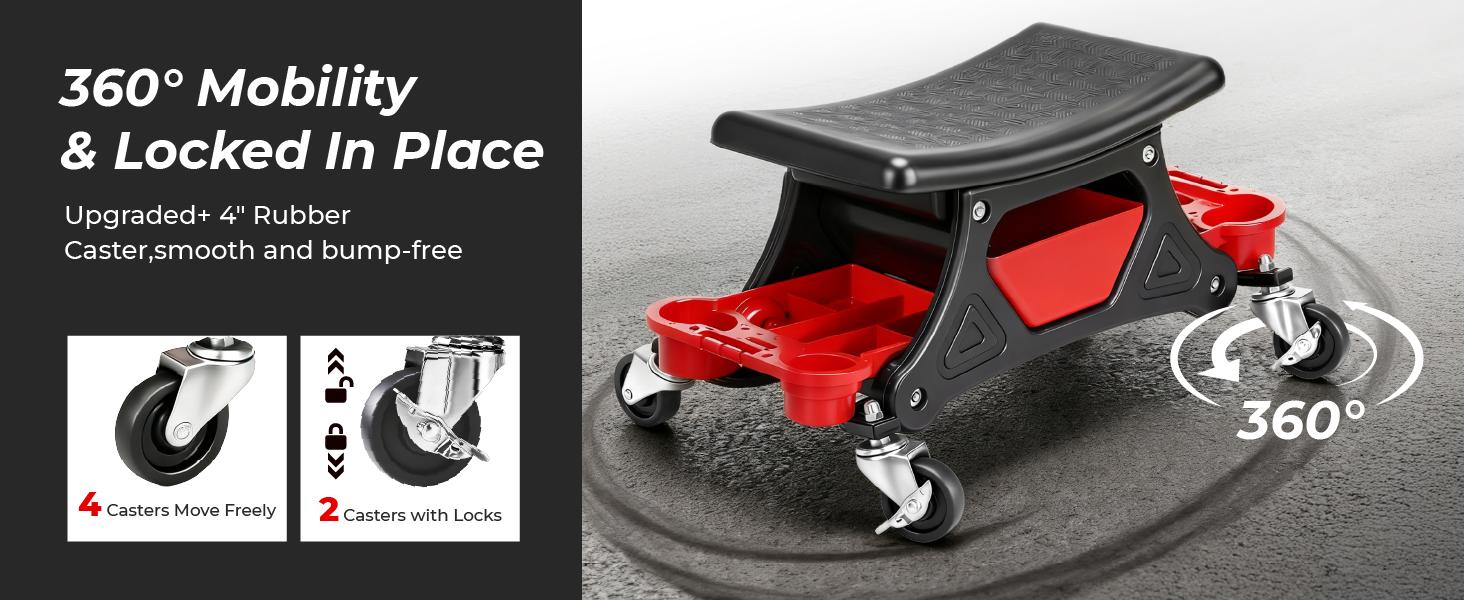 Heavy Duty Rolling Mechanic Stool with Casters, 300 LBS Capacity, Slide-Out Tool Trays & Drawer, Car Repair Tools for Mechanics’ Repair Work (Red)