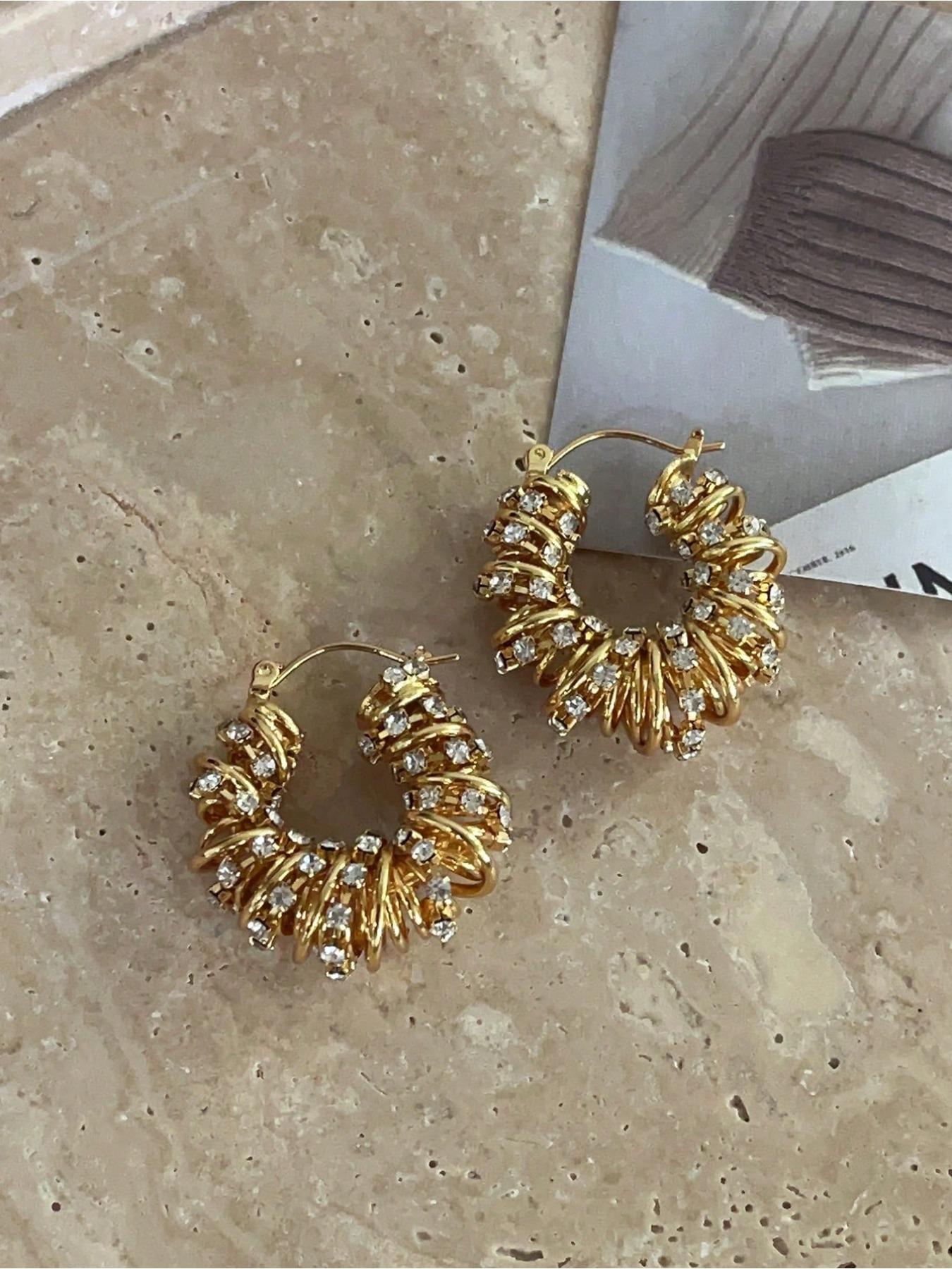French Vintage Braided Hollow Out Twist Round Earrings, Elegant Women's Zircon Studs, Unique Design, Trendy Gift Idea, Zirconia Hoop Earrings