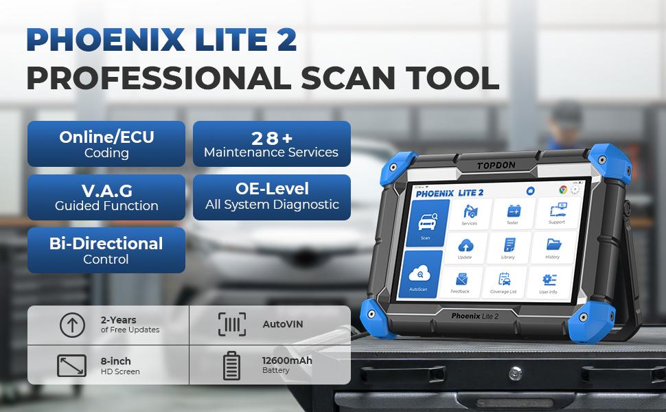 TOPDON Phoenix Lite 2, Bi-Directional Scan Tool, 2 Years Free Update, Wireless Automotive Diagnostic Scanner, ECU Coding, 34+ Reset Services, Full Systems Scan, Oil Reset, ABS Bleed
