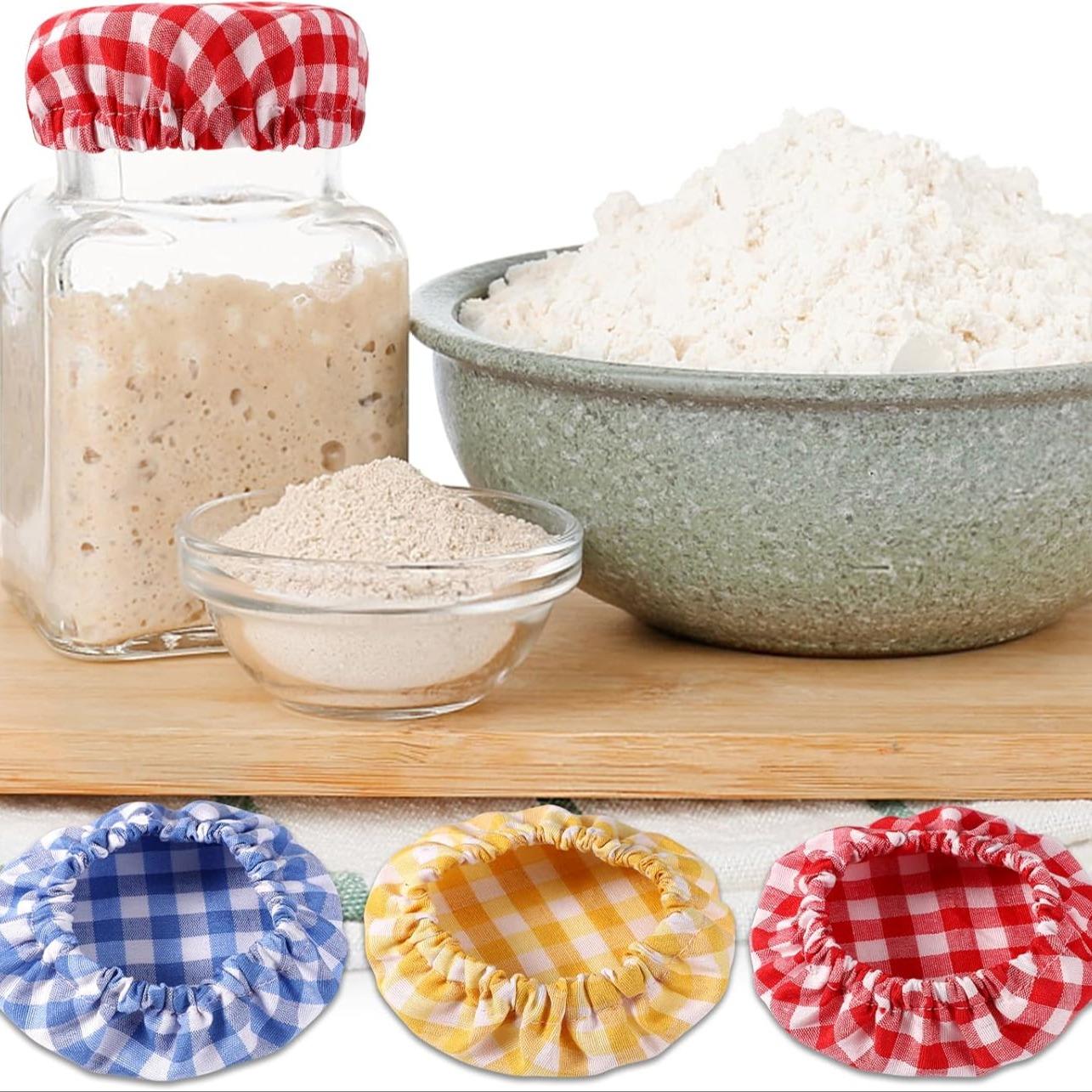 6pcs Jar Cloth Covers, Plaid Cloth Jar Covers Elastic Unbleached Cloth lid Reusable Sourdough Starter Bowl Cover Dough Basket Cover Preserving Lids Food Storage for 3-4 Inch Jar Mouth Kitchen Baking Supplies