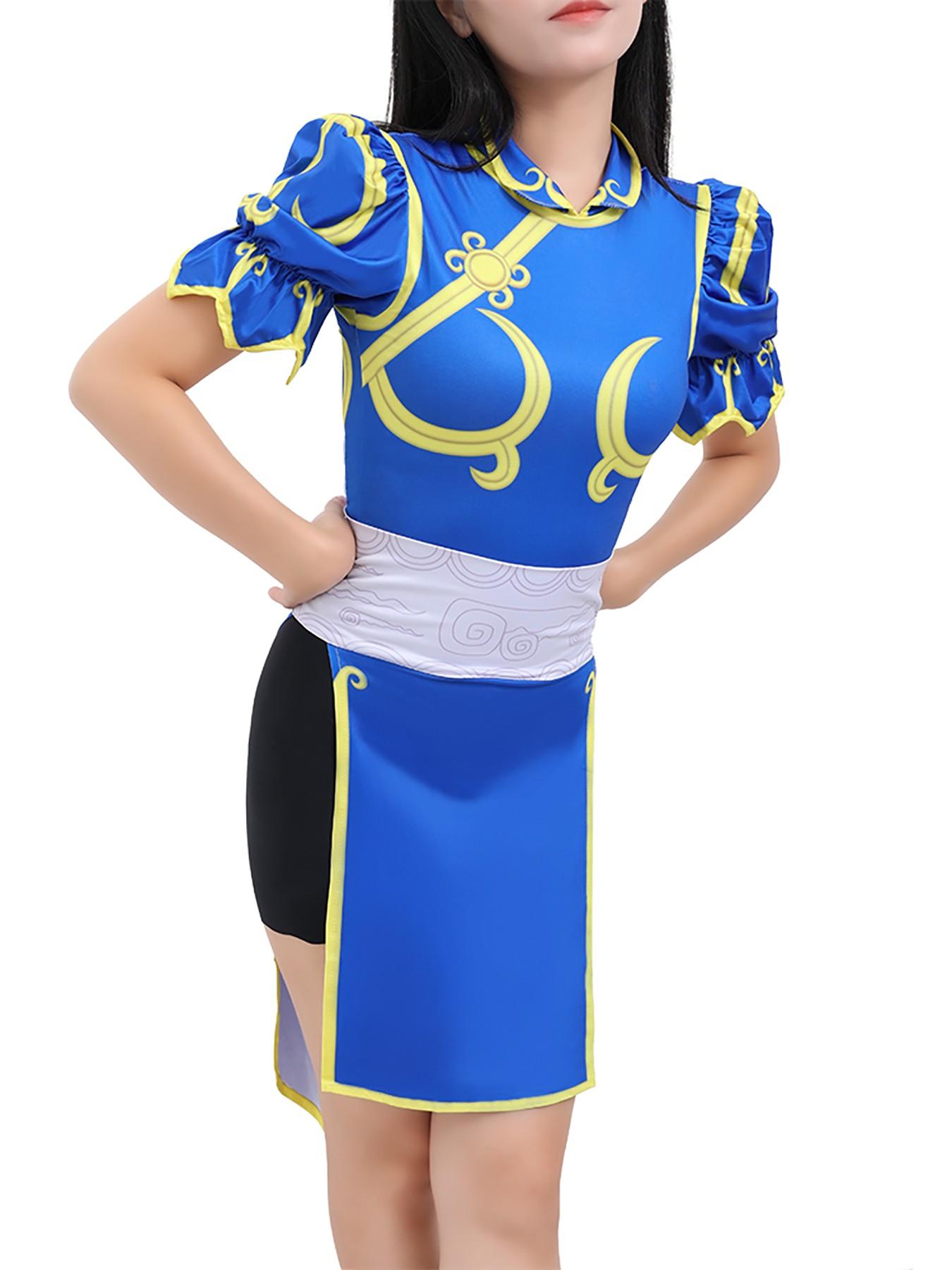 Women's Street Fighter Chun Li Costume, Blue Qipao with Headpiece and Belt, Halloween Dress, Role Play Game