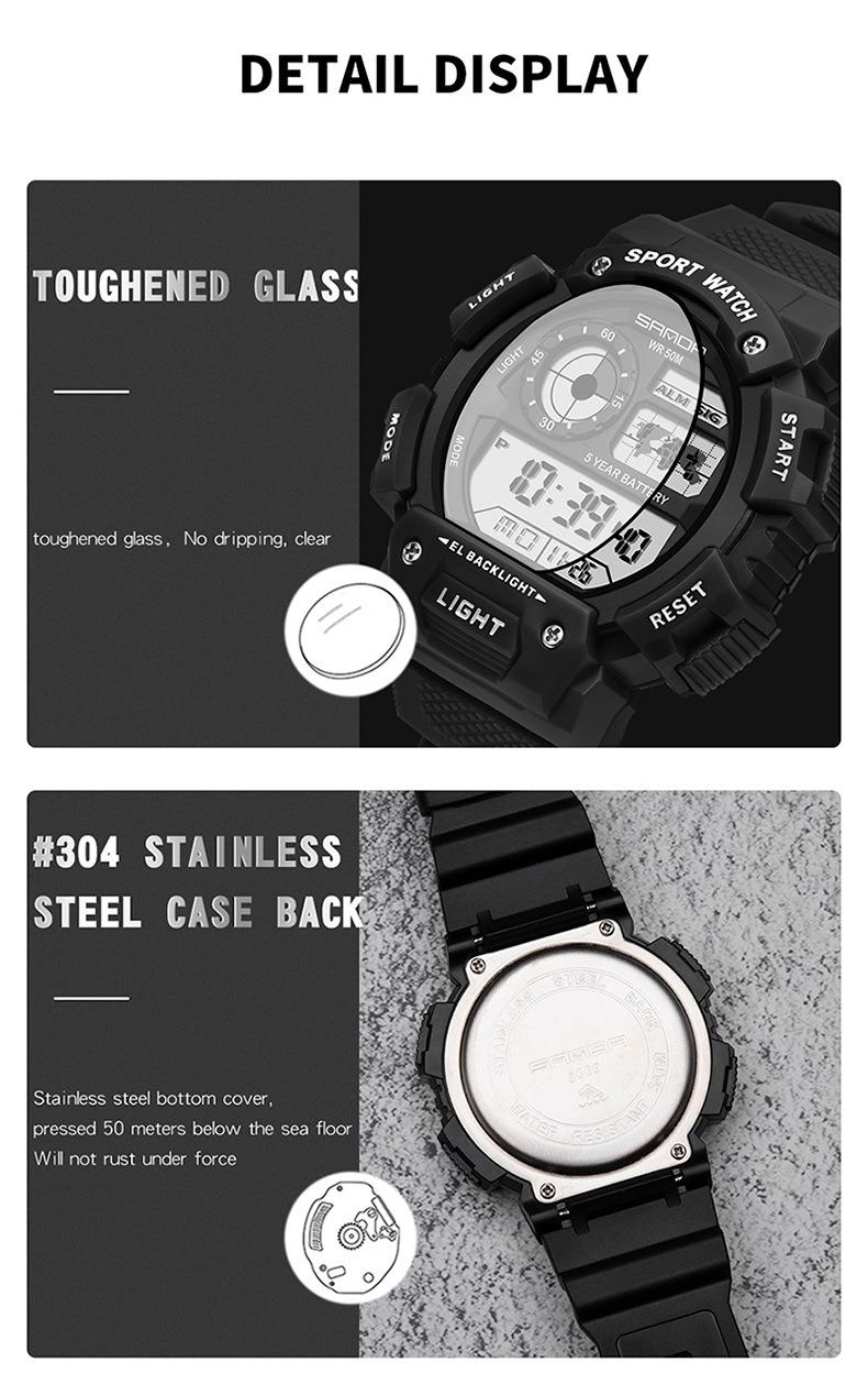 Sanda Fashion Waterproof Digital Watch for Youth, Dual Time, Stopwatch, Alarm, Luminous, Week Date, 12/24h, Casual Style, All Seasons