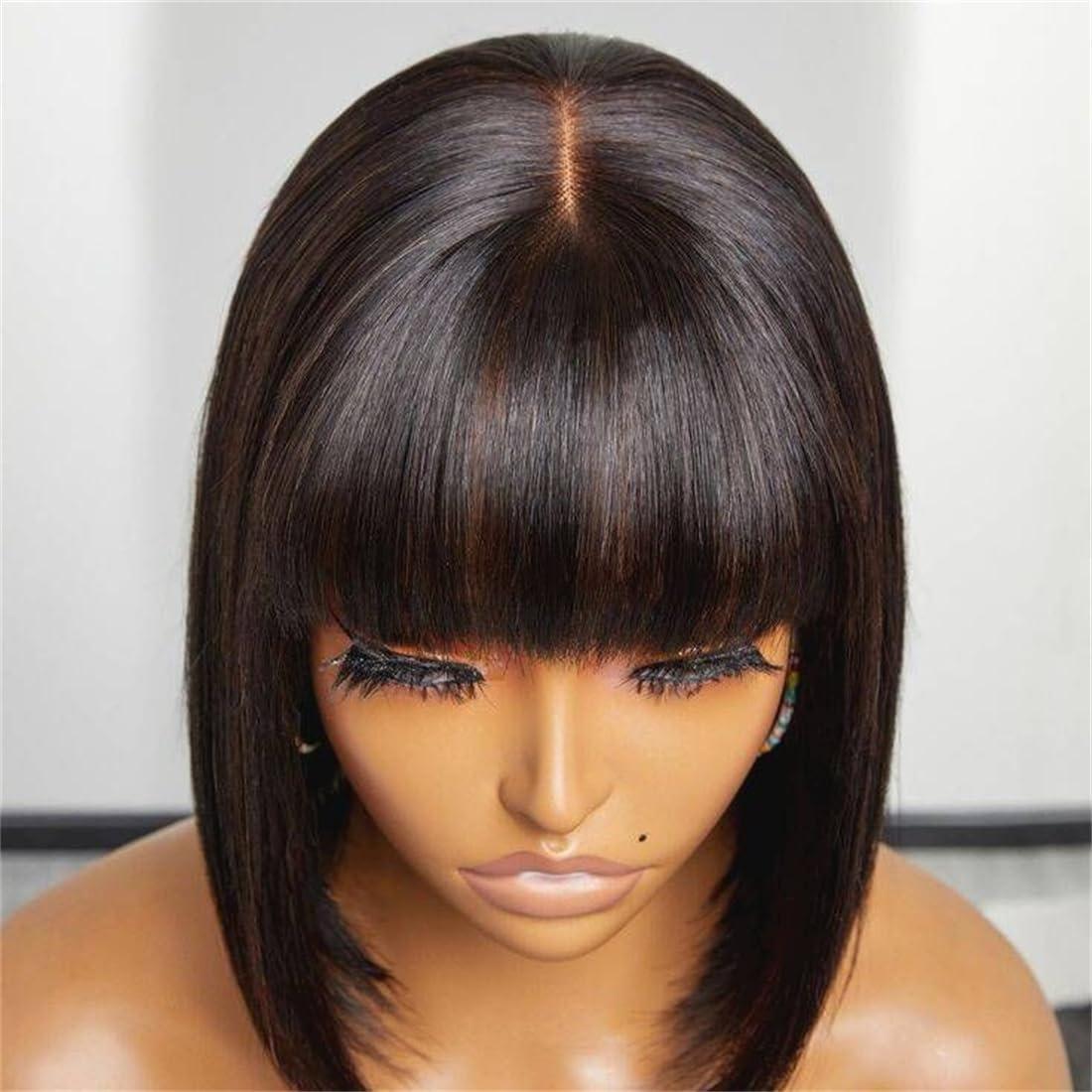 Bob Wig Human Hair With Bangs Glueless Straight 4x1 Transparent Lace Bob Wigs With Upgrade Breathable Bangs Natural Color for Women
