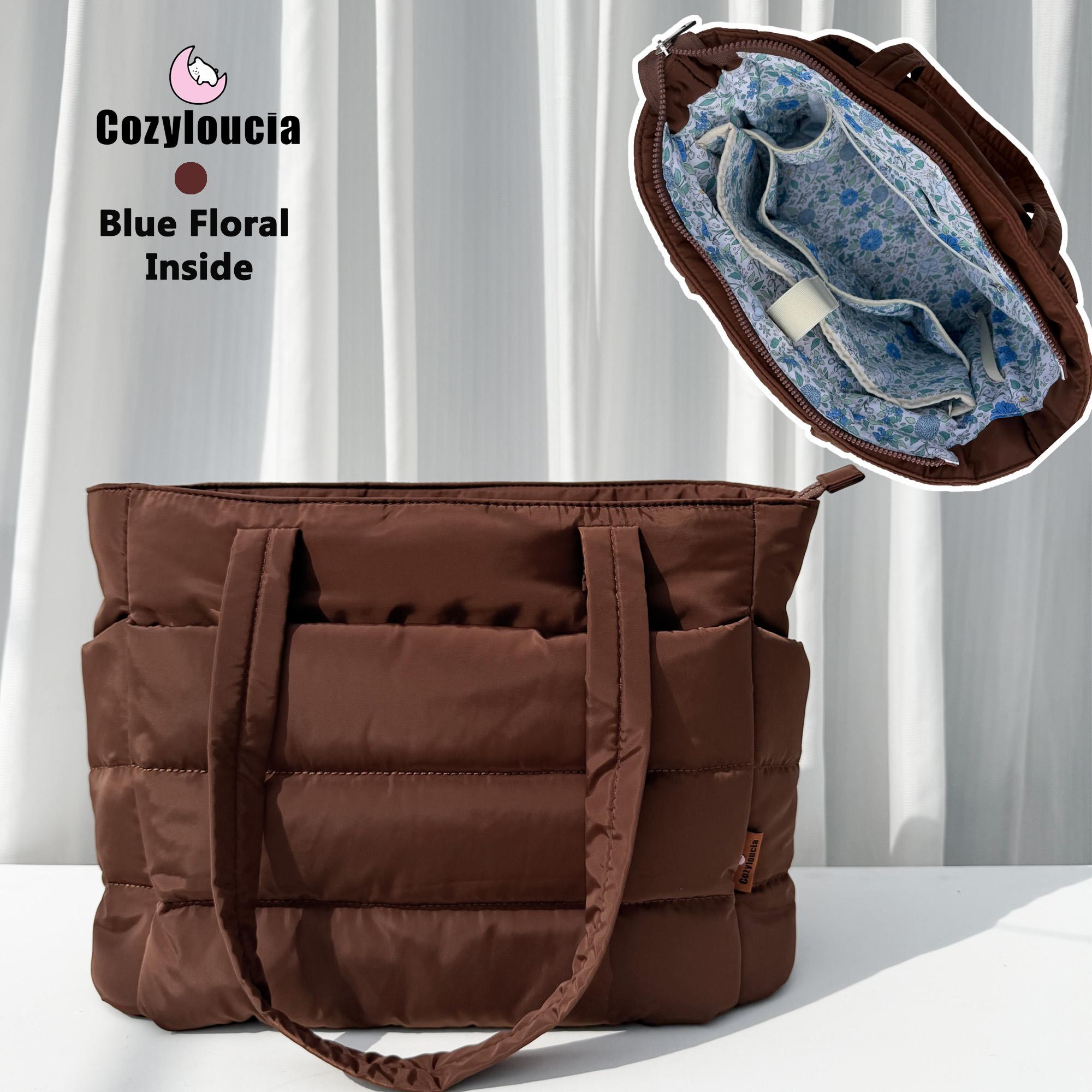 CozyLoucia Cute Puffer Tote Bag for Women Pink Flower Print Interior Laptop Shoulder Handbag, Lightweight Best Tote Bag for Work with Multiple Compartments for Travel , Work  and School ,Christmas Gift Ideas