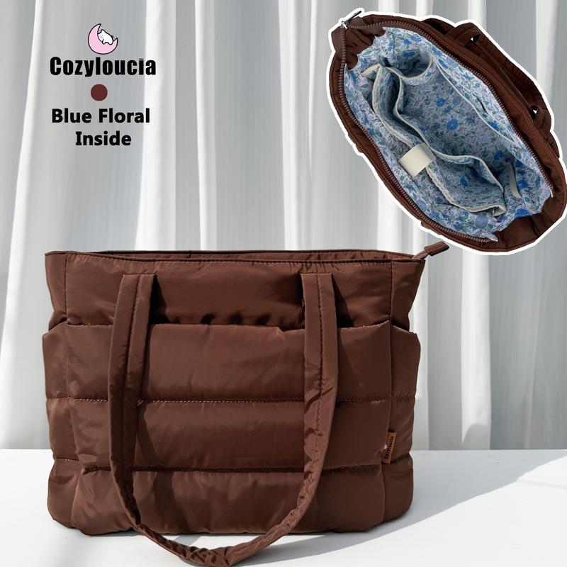 CozyLoucia Cute Puffer Tote Bag for Women Pink Flower Print Interior Laptop Shoulder Handbag, Lightweight Best Tote Bag for Work with Multiple Compartments for Travel , Work  and School ,Christmas Gift Ideas