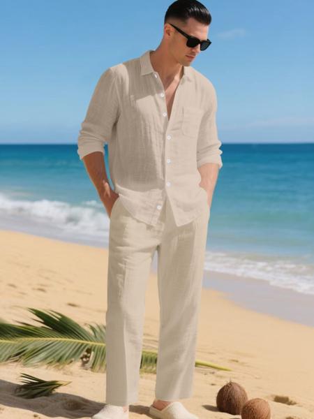 Men's Summer Linen Shirt & Pants Set, Casual Long Sleeve Beachwear, Comfortable Fashion Clothing for Vacation