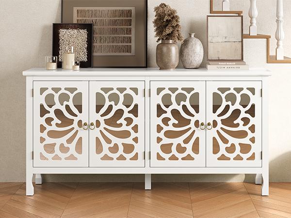RoyalCraft Carved Sideboard Cabinet with Storage, 63'' Modern Buffet Cabinet with Mirrored Door and Adjustable Shelves, Accent Cabinet for Entryway, Dining Room, Living Room, Kitchen, Bathroom