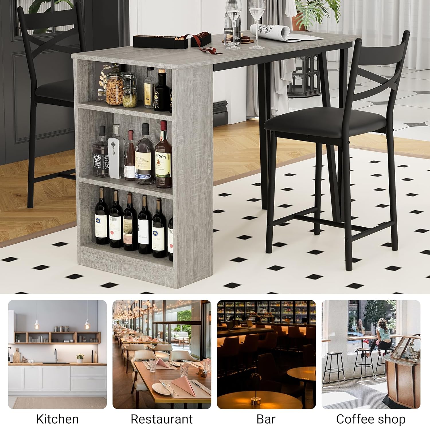 3-Piece Dining Table Set, Counter Height Kitchen Table Set for 2 with 3 Storage Shelves, Expandable Bar Table with 2 Cushioned Chairs for Small Spaces, Apartment