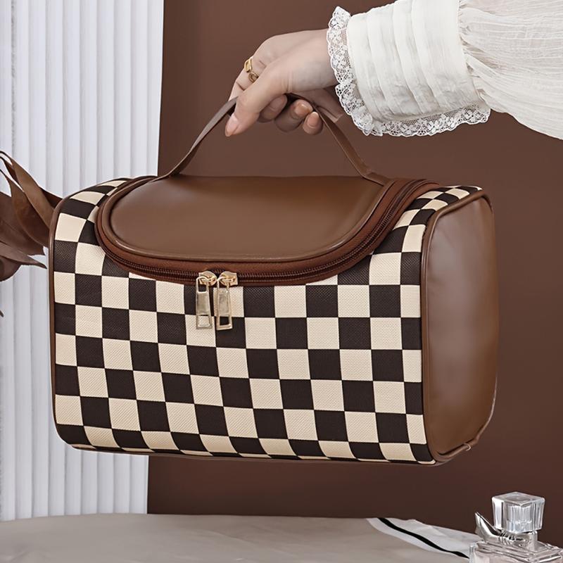 Checkerboard Pattern Makeup Bag, 1 Count Large Capacity, Portable Makeup Brush Organizer, Cosmetic Storage Bag for Home & Travel, Travel Cosmetic Bags