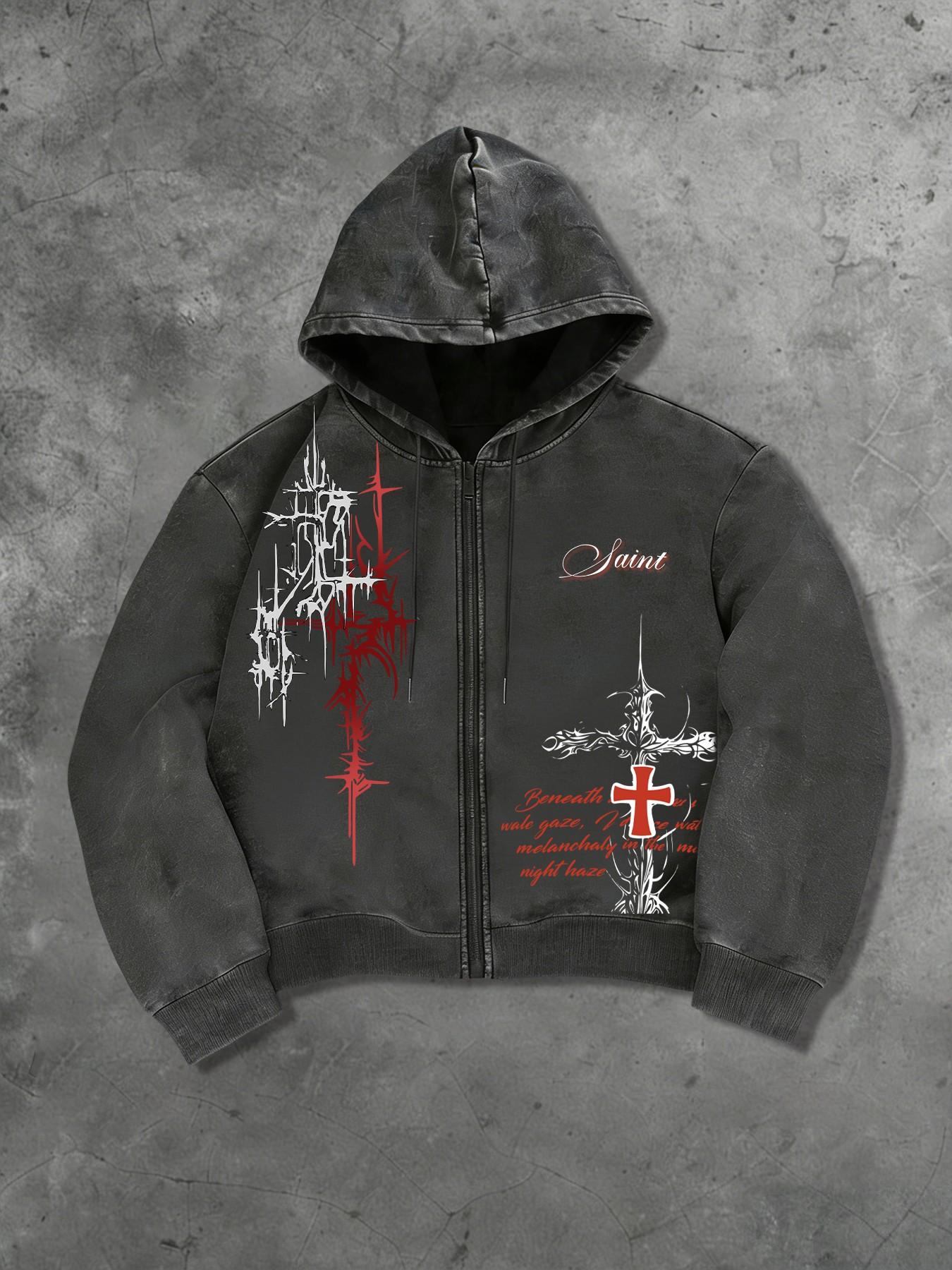 Men's Y2K Dark Aesthetic Saint Thorn Cross Zip Graphic Hoodie