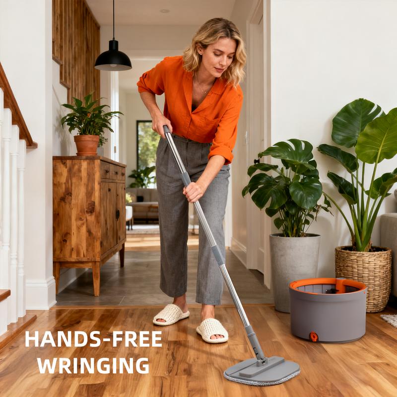 Mop and bucket set, convenient for cleaning corners, rotating mop with dirty water self separation system, including 4 replacement mop heads, household self-cleaning mop and bucket system, equipped with mop scraper for floor cleaning