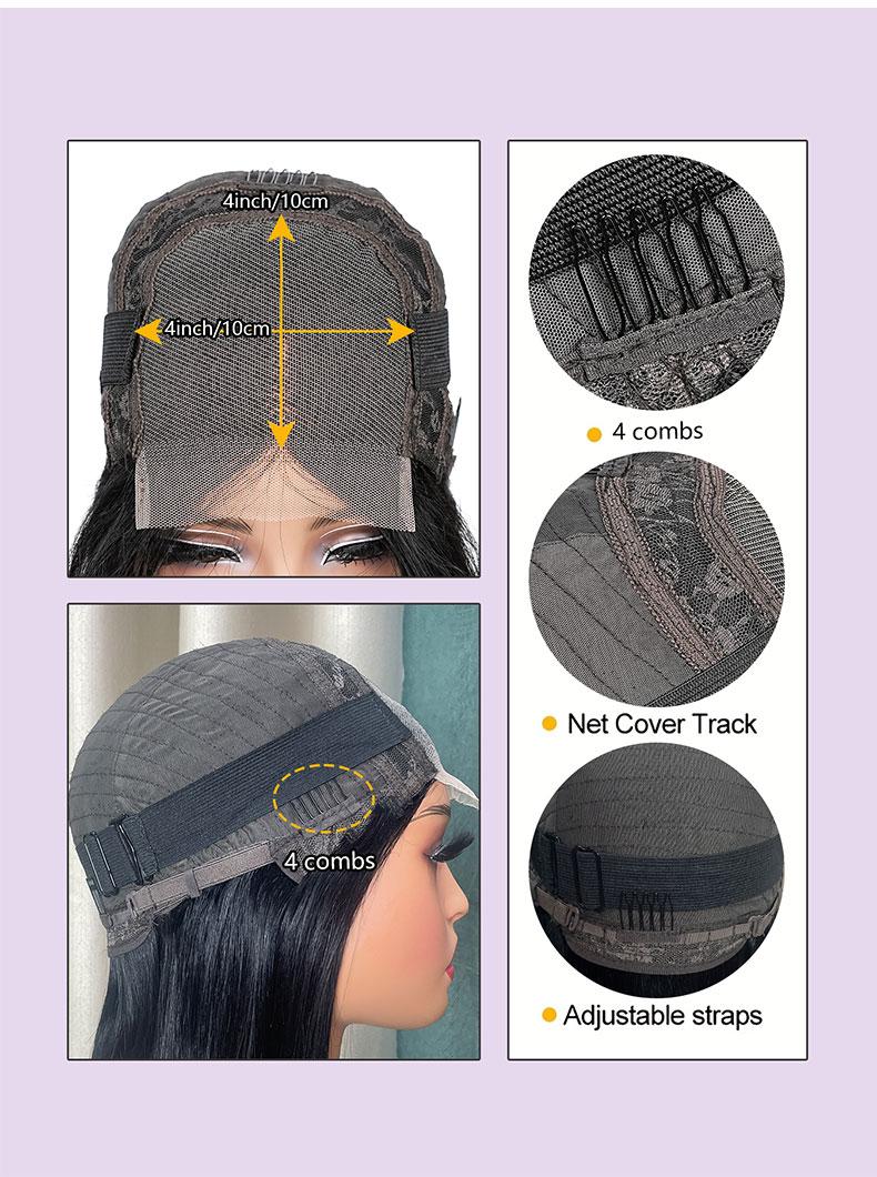 Human Hair Double Drawn Bob Wig, 4x4 Lace Frontal Pre-Plucked Natural Hairline with Elastic Band, Human Hair Short Straight Blunt Cut Wigs for Women,10 inch