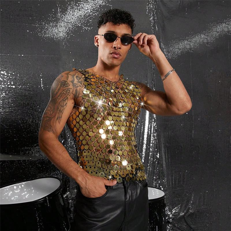 Mens Sparkly Mesh Tank Top Rhinestone See Through Clubwear Sexy Hollow Out Party Outfit Festival Stage Fashion Statement Mens Sparkly Mesh Tank Top Rhinestone See Through Clubwear Sexy Hollow Out Party Outfit Festival Stage Fashion Statement