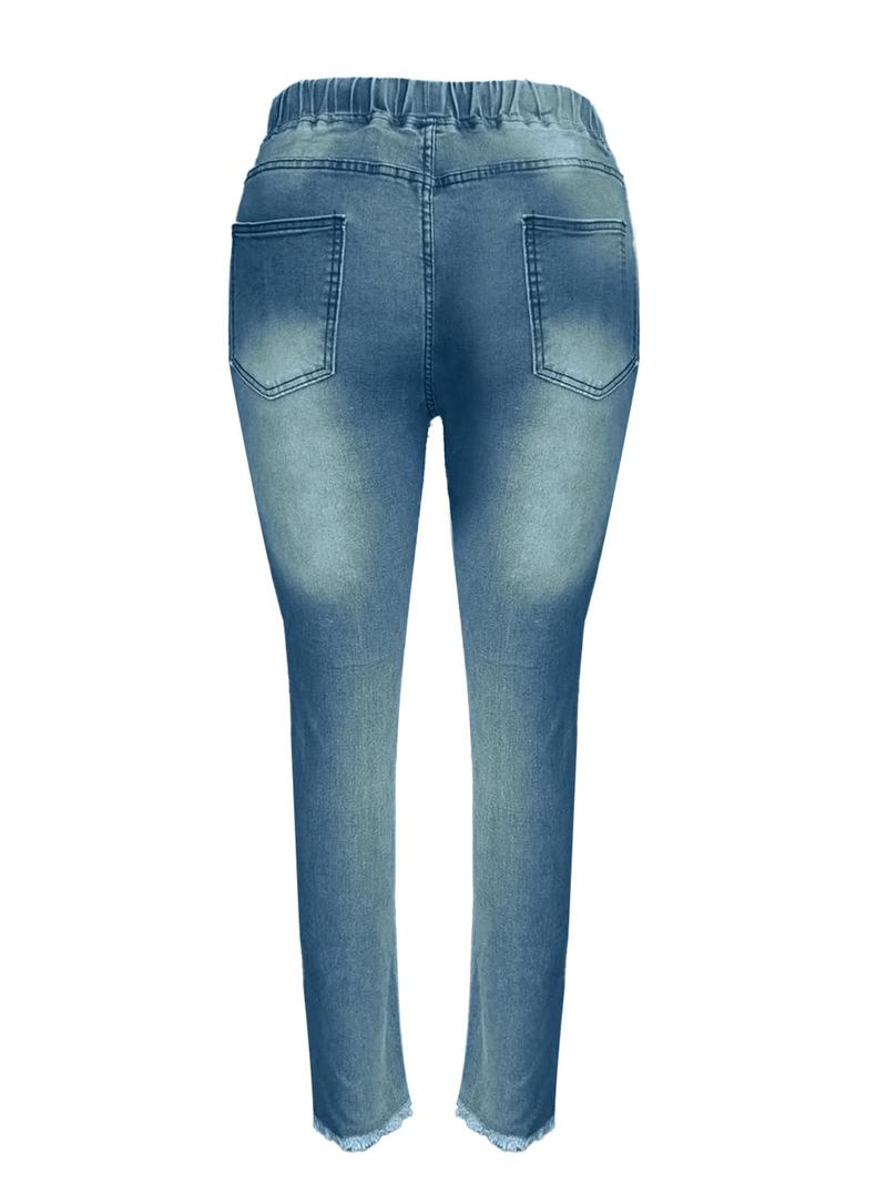 【Plus Size】 Solid Color Ripped Jeans, Casual Fashion Denim Pants for Daily Outdoor Wear, Women Plus Clothing for Summer 【Plus Size】 Solid Color Ripped Jeans, Casual Fashion Denim Pants for Daily Outdoor Wear, Women Plus Clothing for Summer