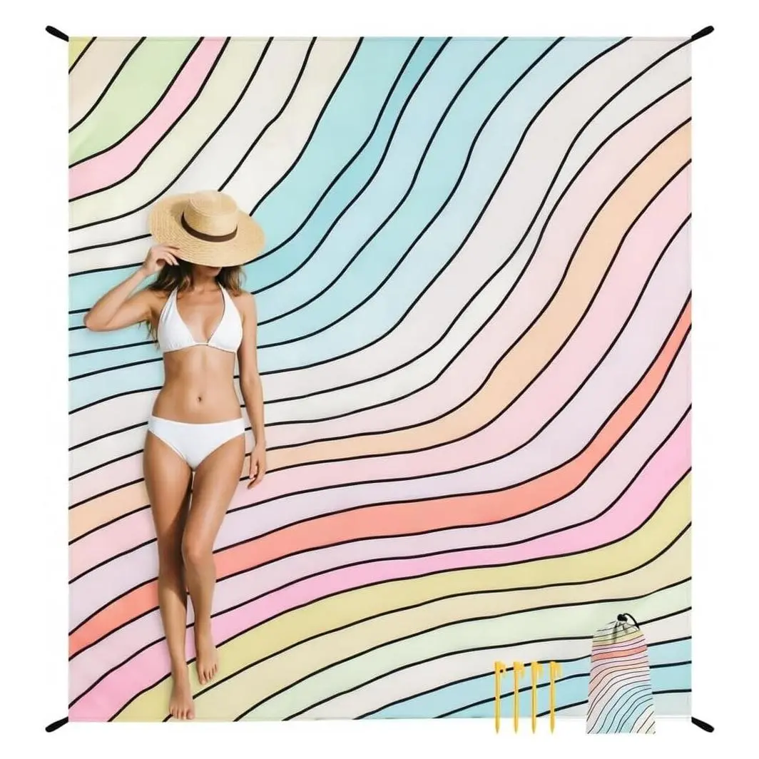Sandproof Waterproof Beach Blanket - Large Sand Free Beach Mat for 2-4 Adults with Stakes, Compact Lightweight Picnic Blanket, Colorful Rainbow WaveGift