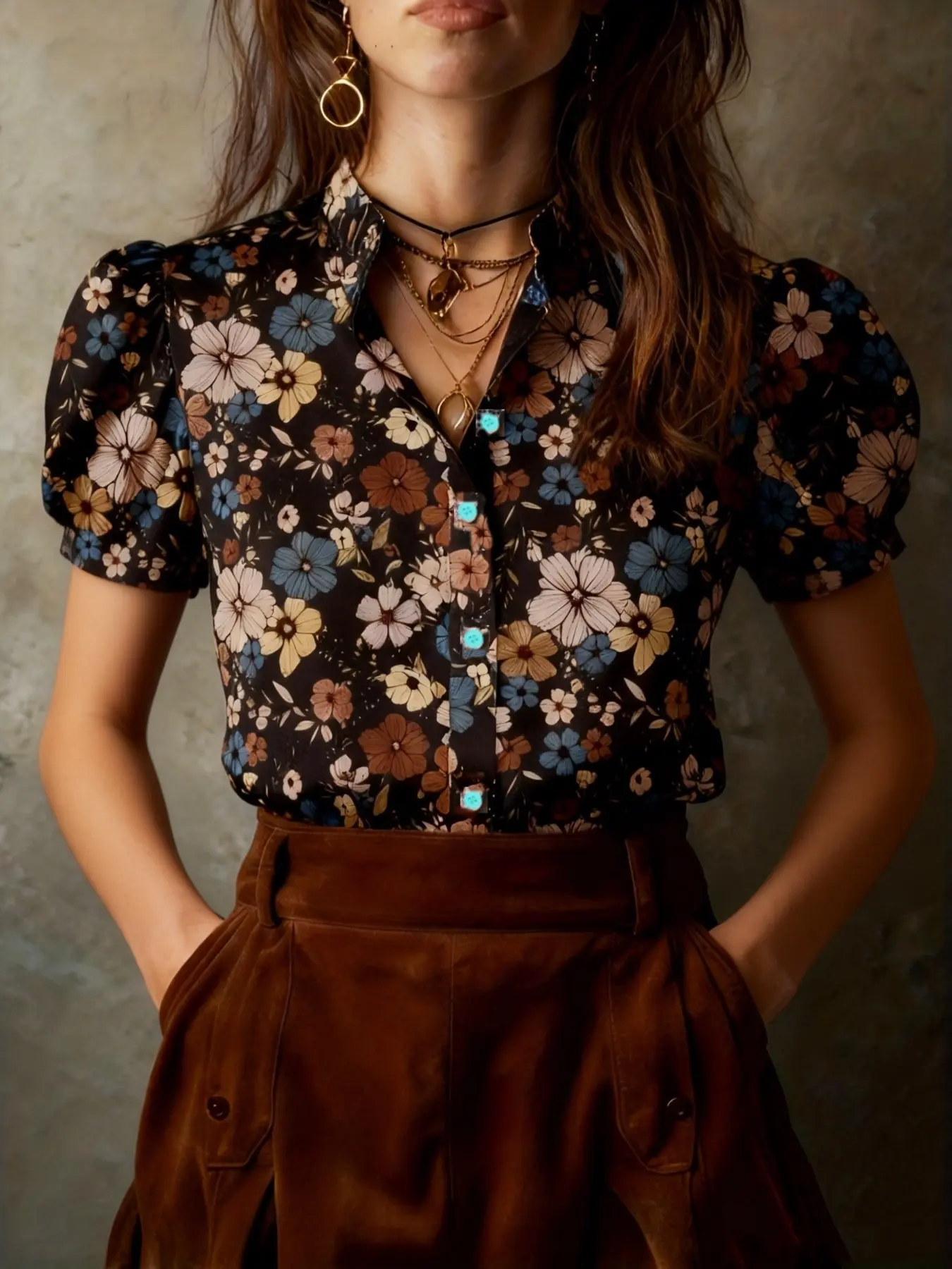 Women's Elegant Floral Print Button Front Design Casual Short Sleeve Top, Loose-Fitting Ladies' Clothing, Comfortable Daily Wear