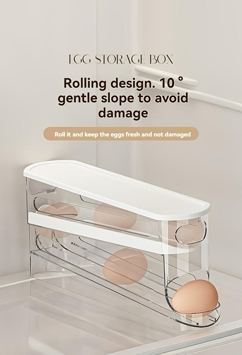 A stackable, adjustable rolling egg rack for refrigerator doors, Stackable Fridge Organizer, Refrigerator Storage, made of durable plastic, can hold 18 eggs, no battery required, suitable for kitchen organization accessories.