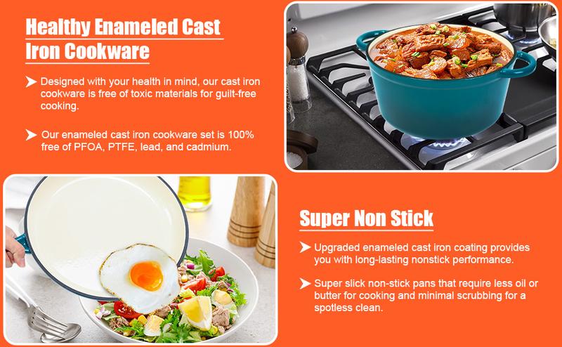 Elf Grill 7-Piece Enameled Cast Iron Cookware Set Nonstick Dutch Oven Frying Pan Skillet & Saucepan with Lids Oven Safe to 500°F All Stovetop Compatible Healthy Kitchenware for Sourdough Bread Baking Casserole & Modern Cooking