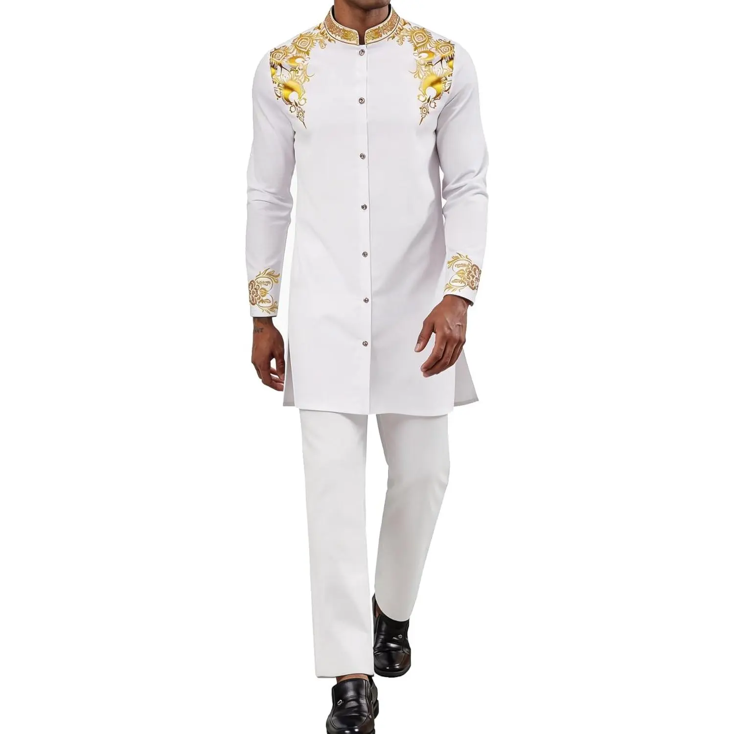 Mens Long African 2 Piece Set Nigerian Dashiki Metallic Traditional Suit Gold Stamp Printed Shirt and Pants Outfit