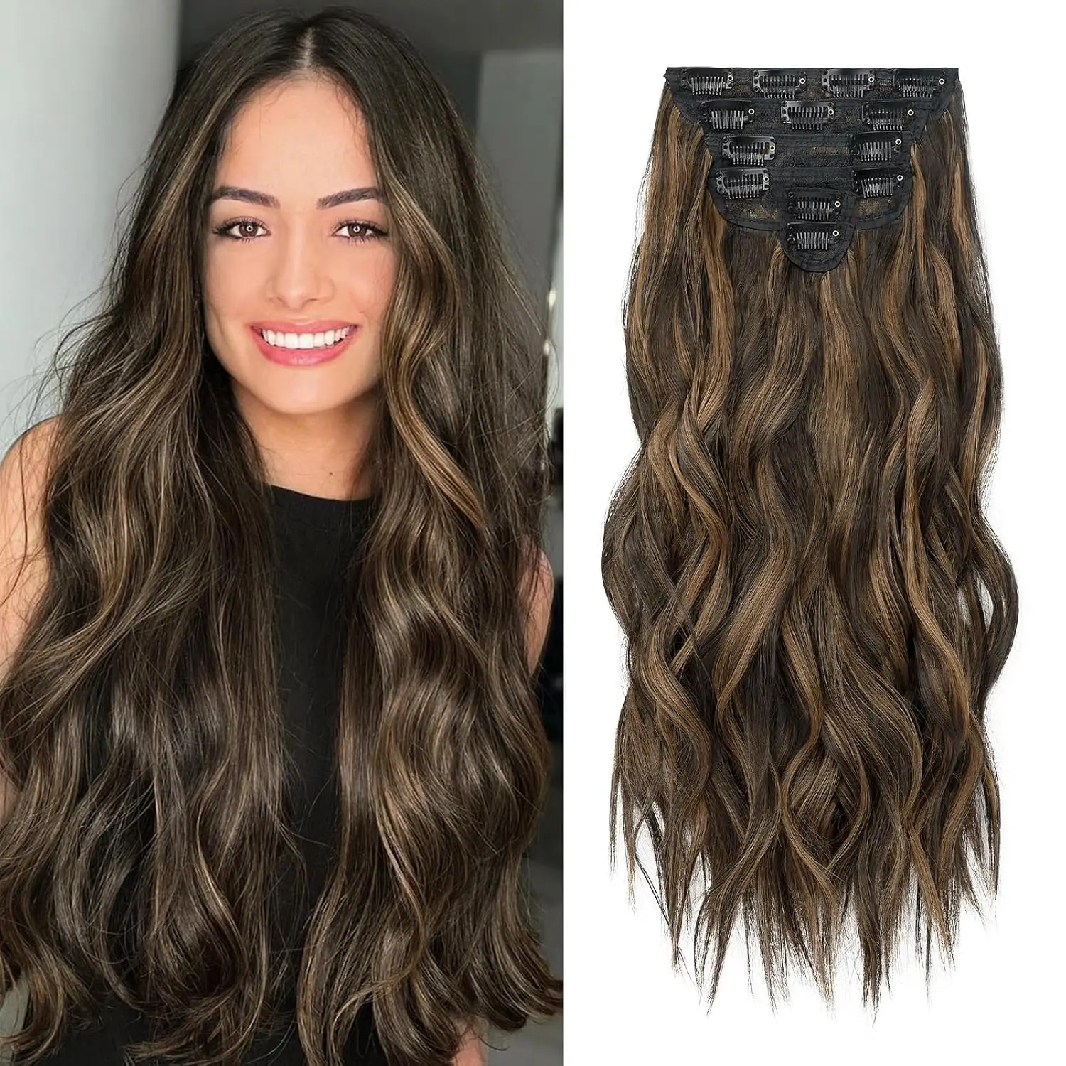 Clip in Hair Extensions, 6 PCS Natural & Soft Hair & Blends Well | Hair Extensions, Black with Caramel Highlights Long Wavy Hairpieces(24inch, 6pcs, Black with Caramel Highlights)