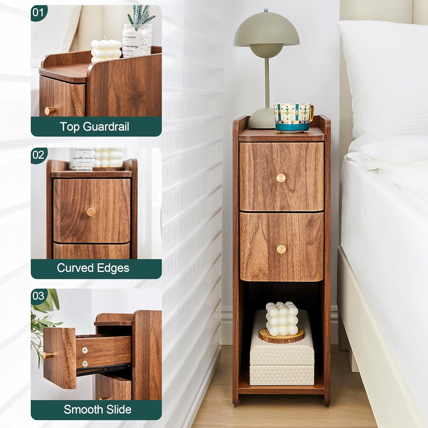 Giratree Mid-Century Modern Nightstand with 2 Drawers, Narrow Vintage Wooden End Table with Open Storage, Wooden Bedside Table Compact Organizer for Bedroom or Living Room