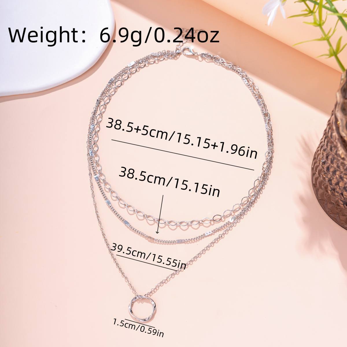 Circular square pendant three-layered layered necklace - trendy twisted chain collar chain for ladies