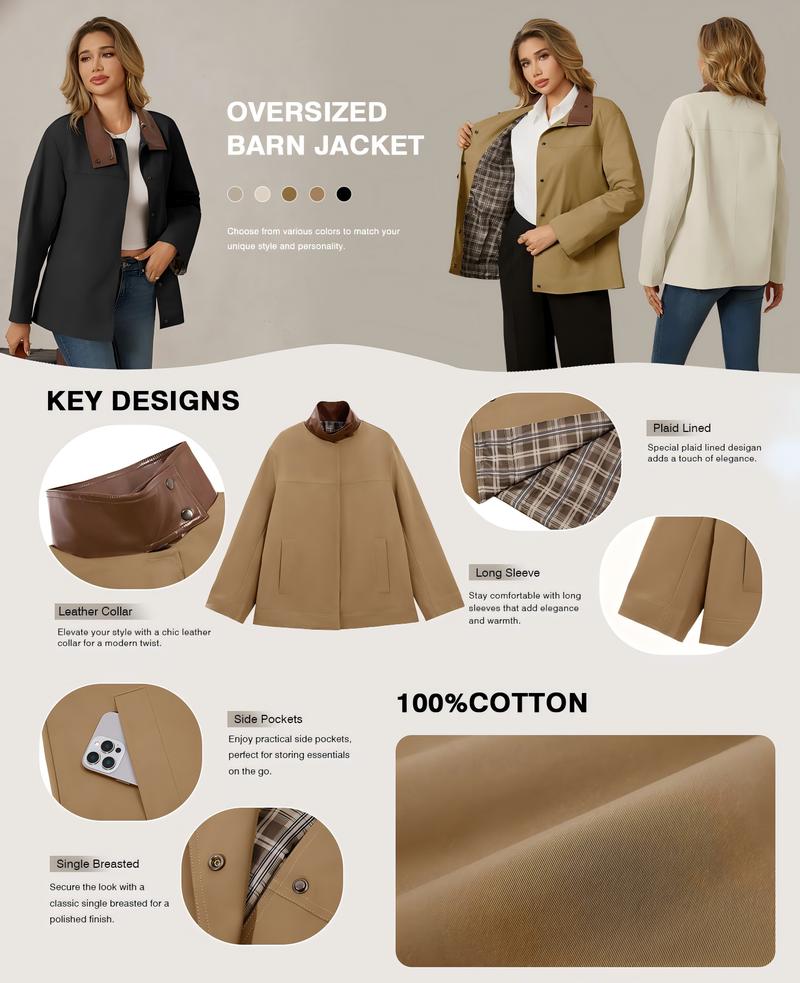 Tankaneo Womens Trench Coat Oversized Fall Barn Jacket Leather Collar Plaid Color Block Windproof Overcoat