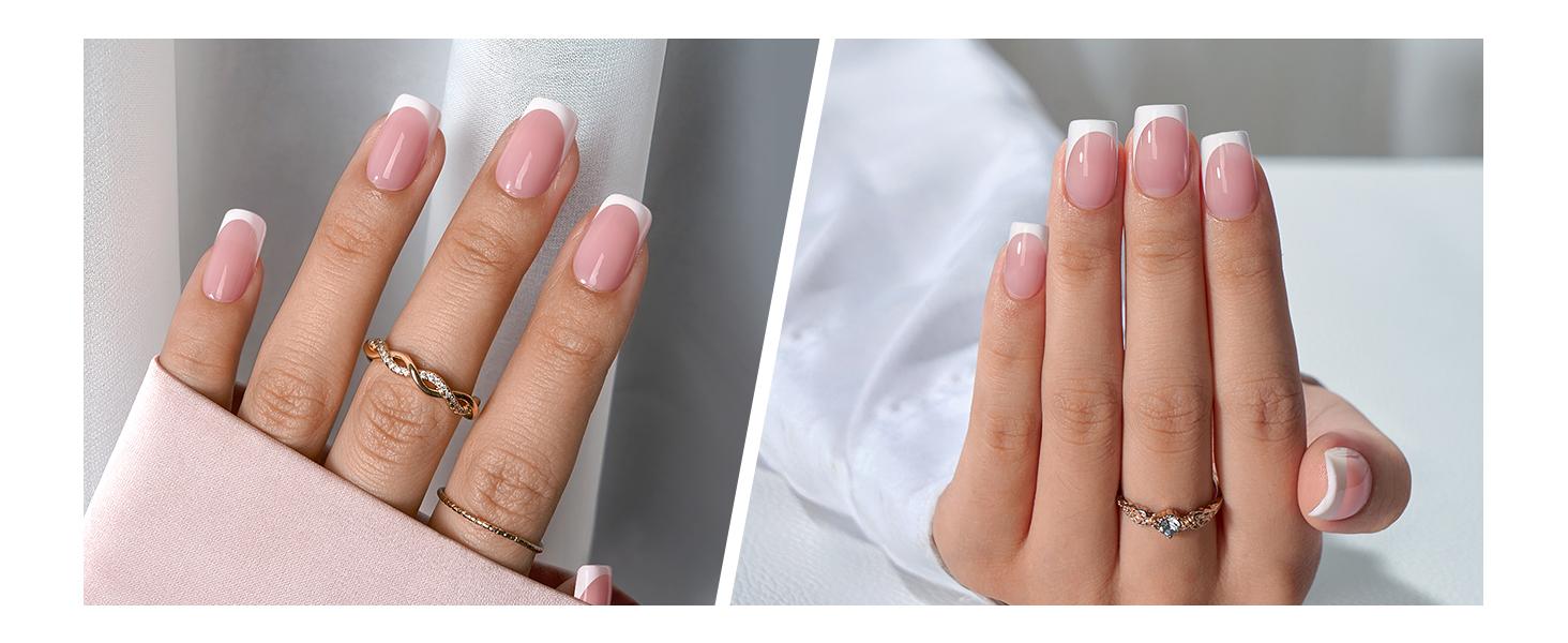 BTArtboxnails XCOATTIPS Press on Nails - 150pcs Pink Short Square or Almond or Coffin French Tips, Pink Soft Gel False Nail, Soak Off Acrylic Fake Nails Extensions Bfsfj-L-Kit-Pink