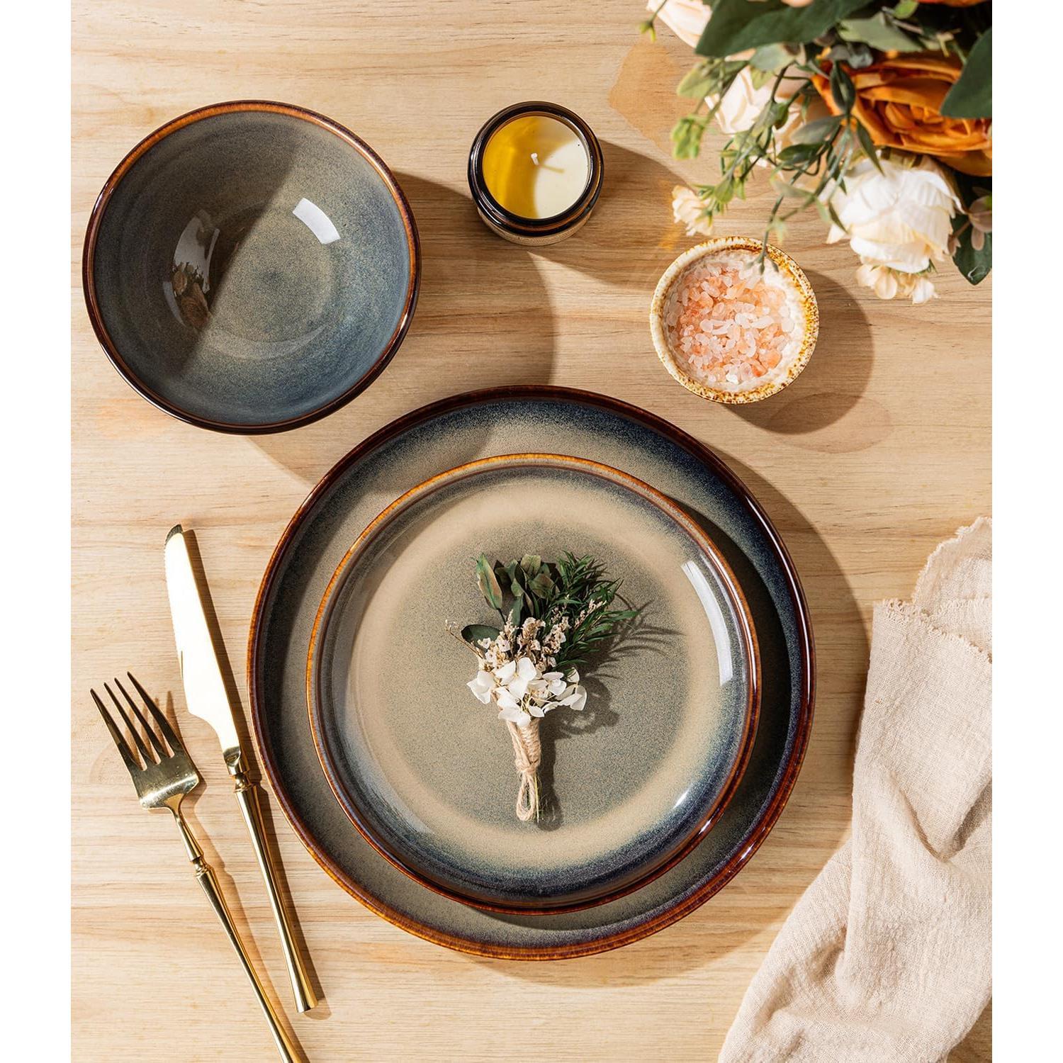 Stoneware Dinnerware Sets for 4, 12 count Ceramic Plates and Bowls Sets, Scratch Resistant Dish Set, Oven, Microwave & Dishwasher Safe, Coca Mocha