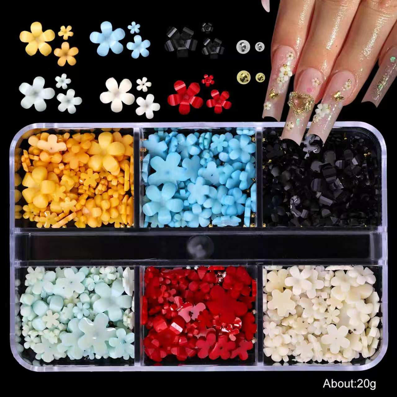 Multicolor five-petal flower nail art accessories, available in 6 compartments/12 compartments/24 compartments, ultra-thin cherry blossom petals, suitable for various styles of nail decoration, for professional nail salons
