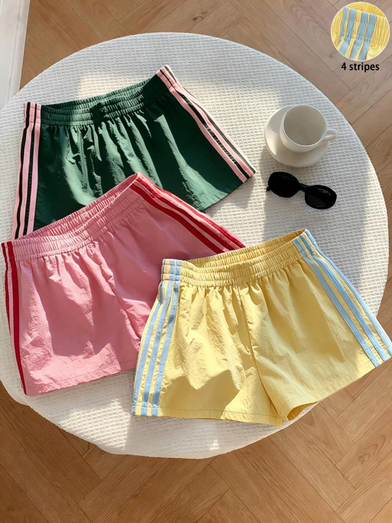 Women's Summer Striped Lightweight Athleisure Shorts, Elastic Waist Loose-Fit Workout Shorts, Casual Beachwear, Multiple Colors Available, Loose Sporty Shorts