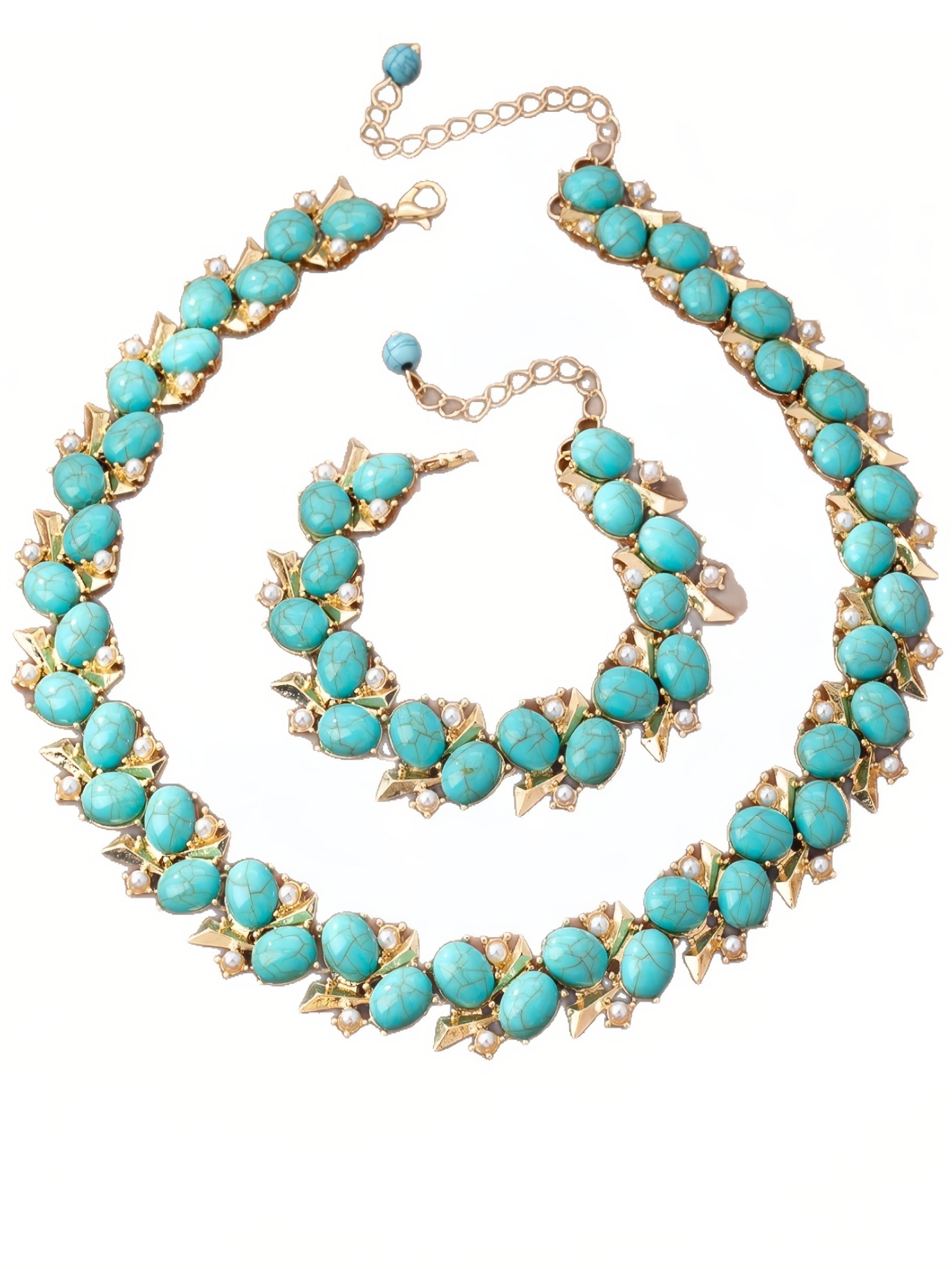 Vintage Gold Tone Turquoise Statement Jewelry Set, 3-Piece Necklace Earrings Bracelet, Luxury Turquoise Gemstone Jewelry for Women, Party Prom Wedding Accessory Gift