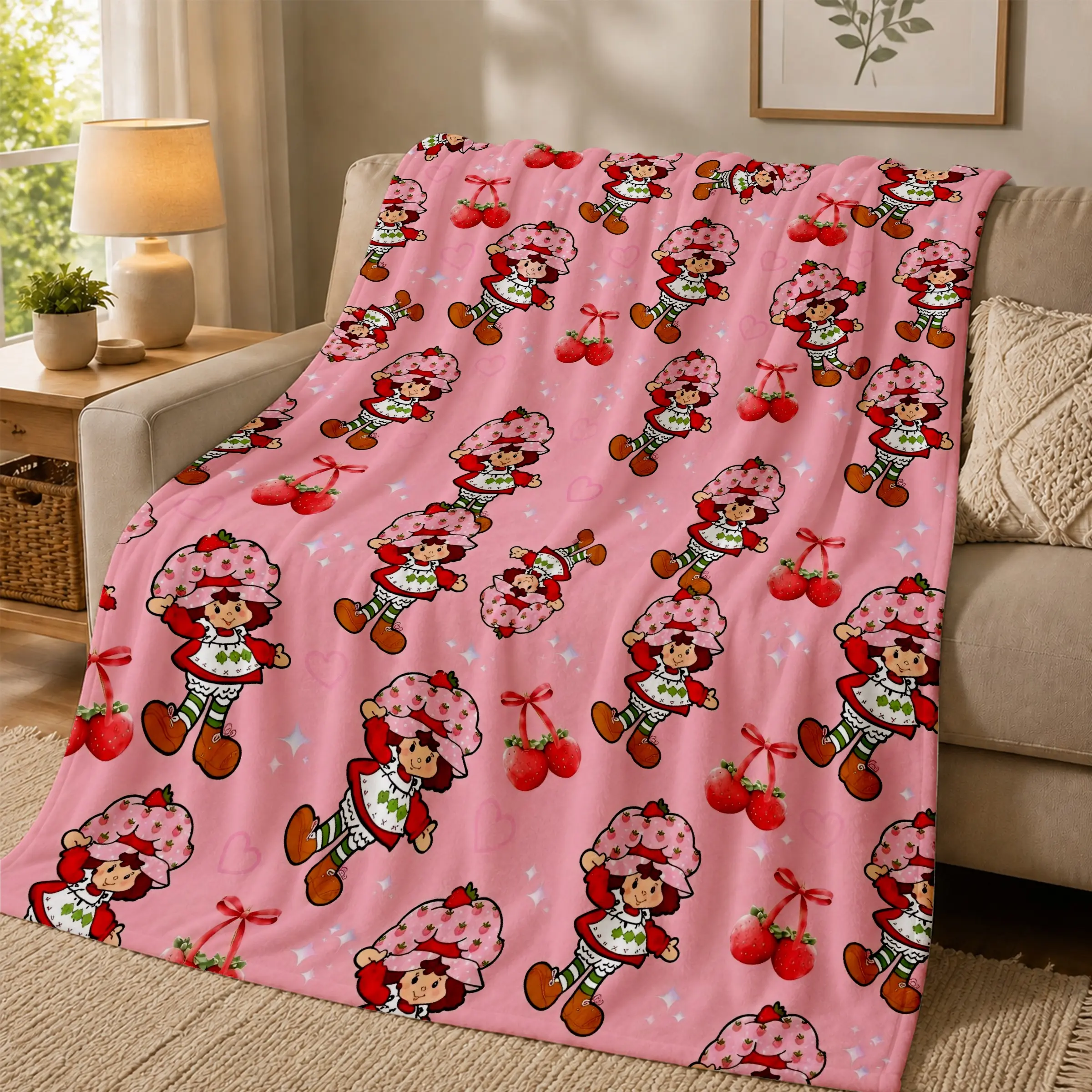 Retro Strawberry Girl Fleece Blanket, Cute Fruit & Ribbon Graphic, Soft Flannel Throw for Couch Bed, Vintage Nostalgic Gift