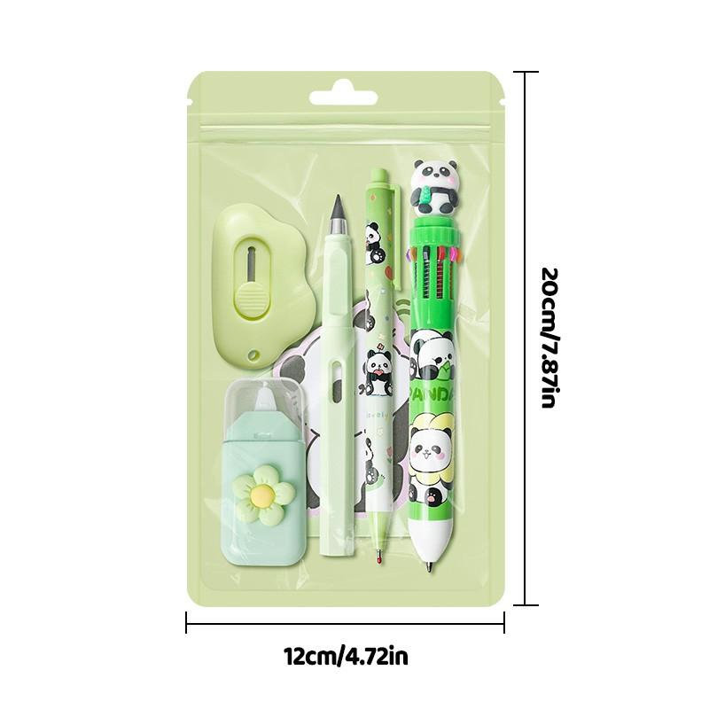 Panda Learning Stationery Set, 6-Piece Aesthetic School Supplies, Ballpoint Pens, Neutral Pens, Pencils, Correction Tape, Sticky Notes, Cute Panda Design