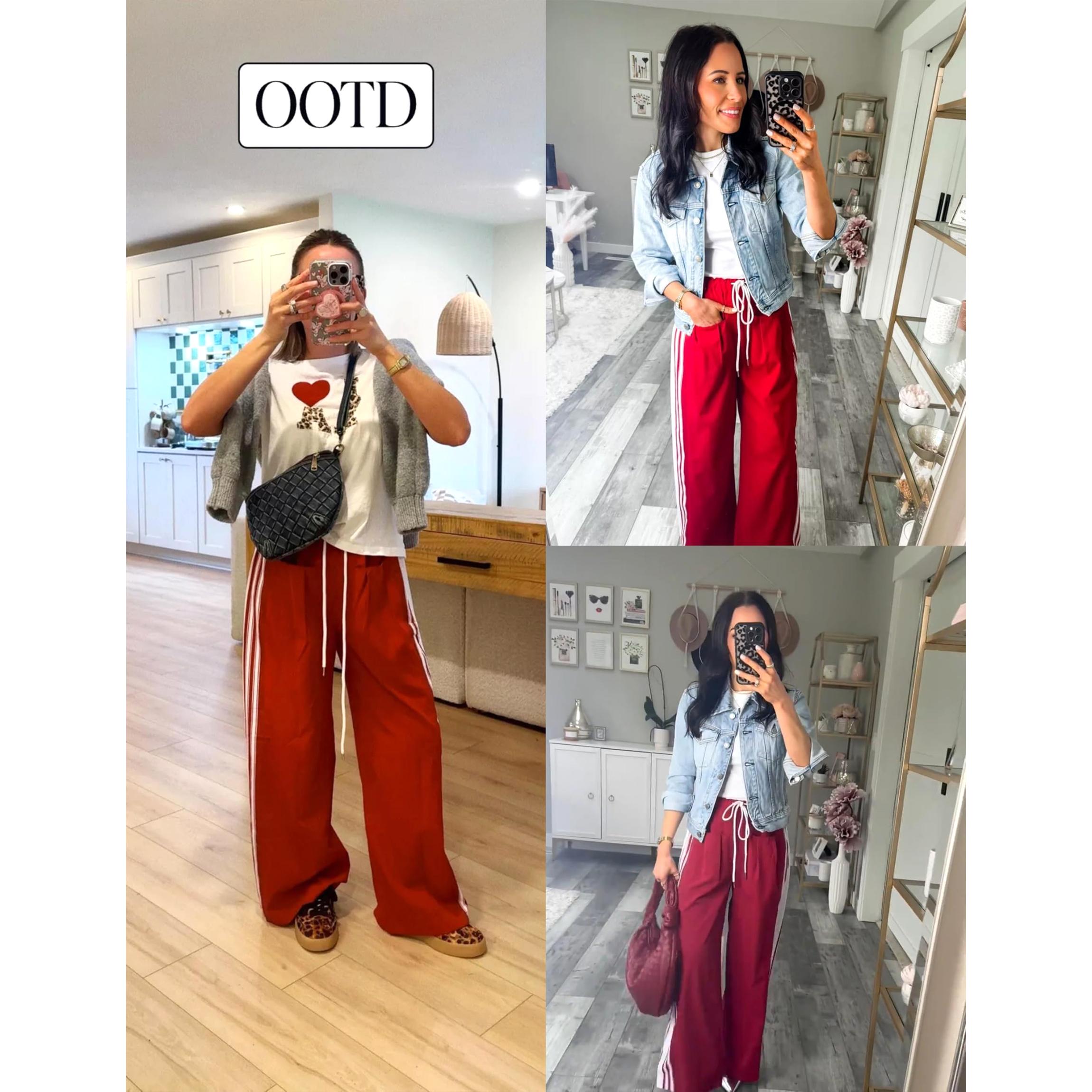 Buenoble Women's Wide Leg Side Stripe Pants Loose Fit High Waist Drawstring Track Pants Casual Streetwear Joggers