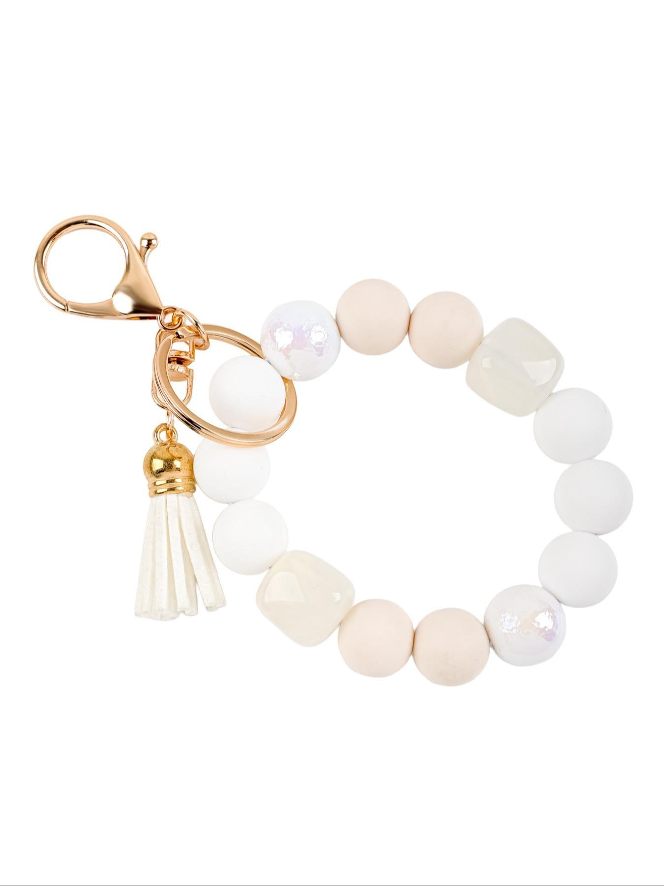 Solid Color Beaded Wristlet Keychain for Women, Matte Silicone Acrylic Beads, Tassel Charm, Minimalist Key Holder, Fashion Gift