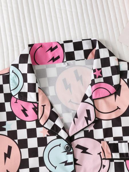Women's Christmas Plaid Smiley Face Print Pajama Set, Lightweight Button-Up Long Sleeve Top & Pants, Casual Fitted Sleepwear