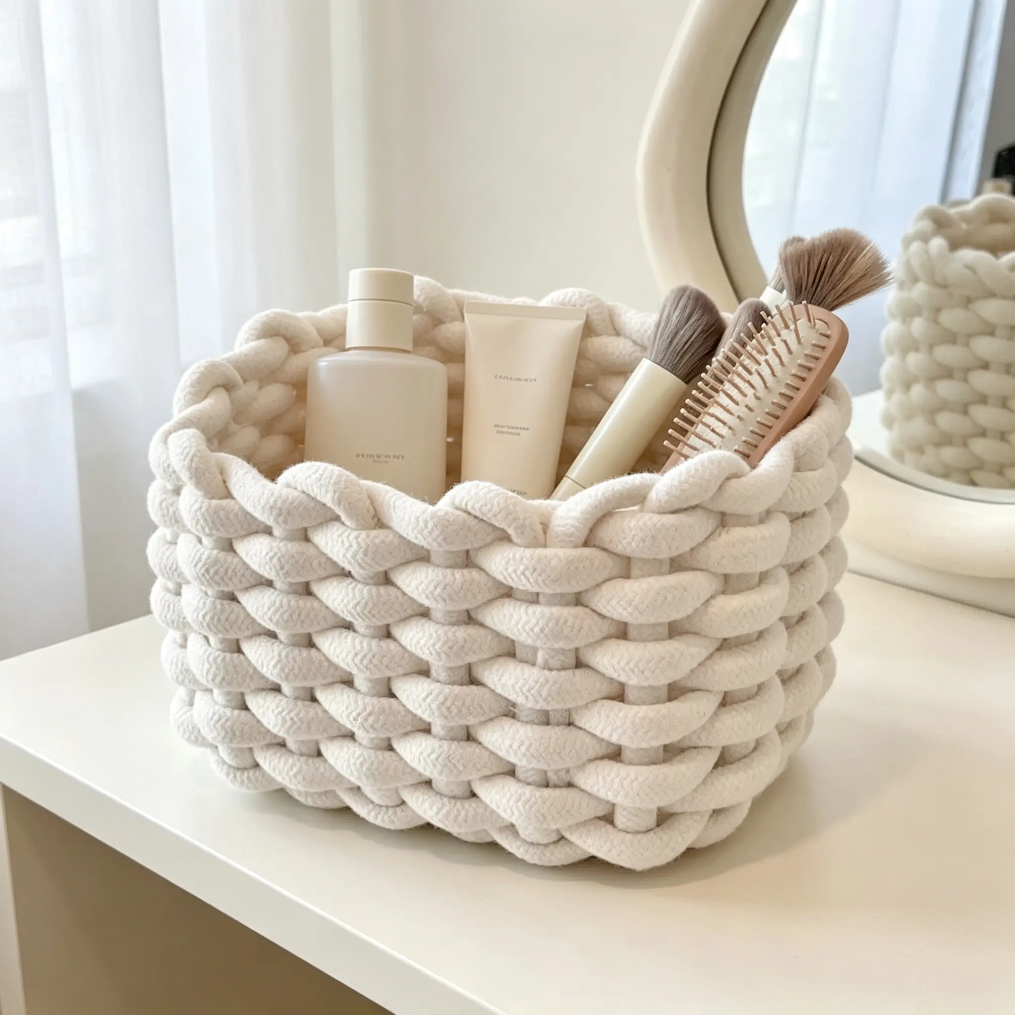 Chunky Rope Woven Storage Basket, Decorative Cosmetic Organizer Bin, Soft Handwoven Container For Desk, Vanity, Bedroom, Bathroom And Living Room, Ideal For Makeup, Perfume And Small Item Storage  >
