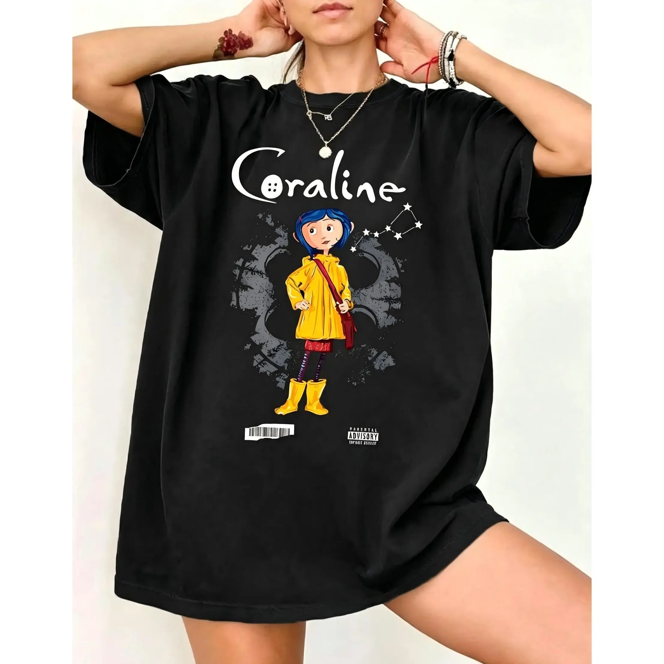 Women's Coraline Graphic Baggy Oversized Vintage Streetwear Sports Top - Loose Casual Round Neck Shirt for Movie Fans, Casual Comfy Tee, Oversized Tshirt Women, Cartoon, Easy Go-To Tee For Casual Meetups
