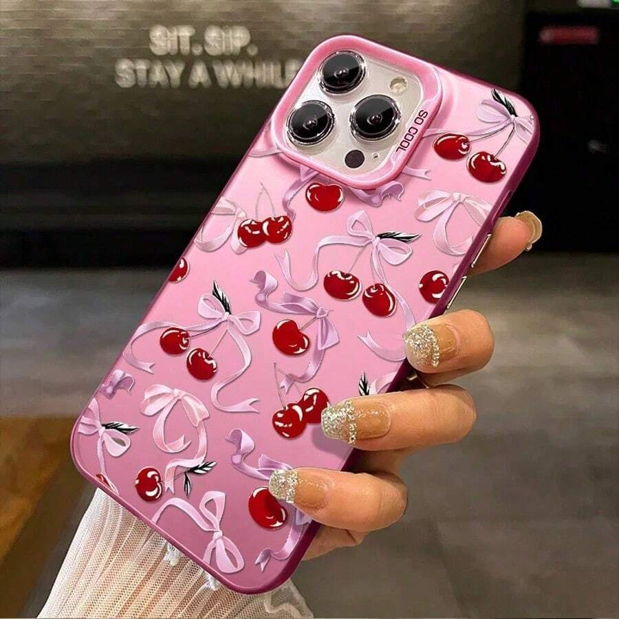 1pc Full Screen Pink Bow Red Cherry Compatible For Phone17/16/15/14/13/12/11/8/ 7ProMax/Pro/Plus/Xs Max/XS/X,For Compatible With Colored Simple  Fall Prevention Anti-Shock, Anti-Slip, Anti Drop, Camera Lens Protection, Silicone Anti Wear Phone Case ﻿