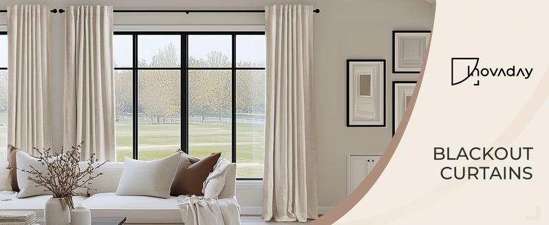 Inovaday 2pcs Blackout Curtains for Living Room Bedroom Linen Blackout Curtains, Back Tab/Rod Pocket Luxury Black Out Curtains for Windows Apartment