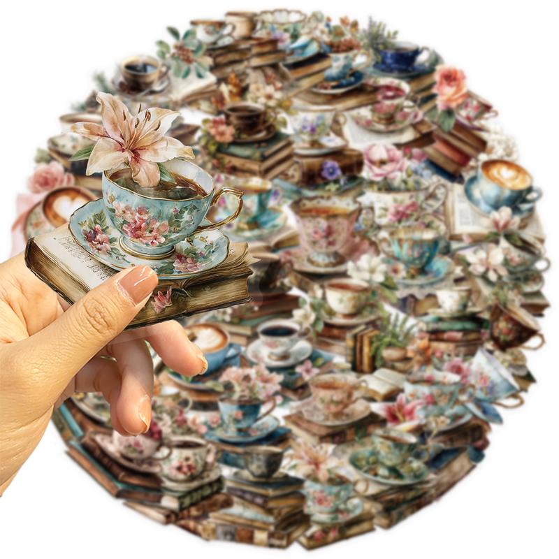 50pcs Retro Artistic Coffee Watercolor Tea Cup Old Book Floral Transparent PET Material Graffiti Stickers Suitable for Suitcases, Phone Cases, Laptops, Helmets, Skateboards Waterproof Decoration DIY Creative Stickers