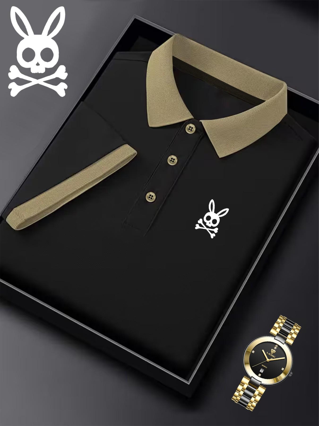 Men's Ff4370 Skull Rabbit Print Polo Shirt, Casual Fitted Short Sleeve, Breathable Elastic Fabric, All-Season Wear, Style