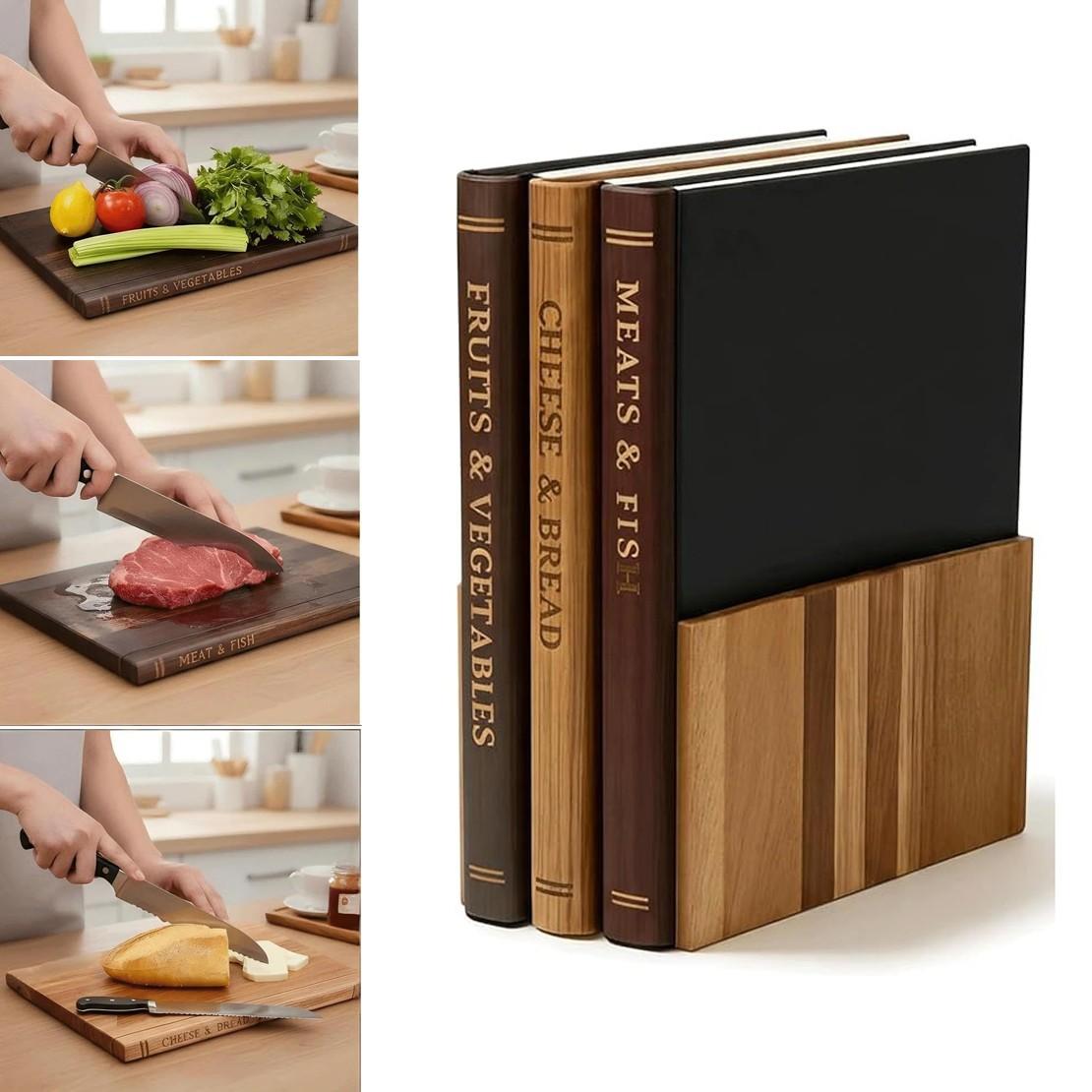 Premium Acacia Wood Cutting Board Set, 4-Piece Book-Shaped Chopping Boards, Color-Coded Tabs, Elegant Kitchen Gift Decor