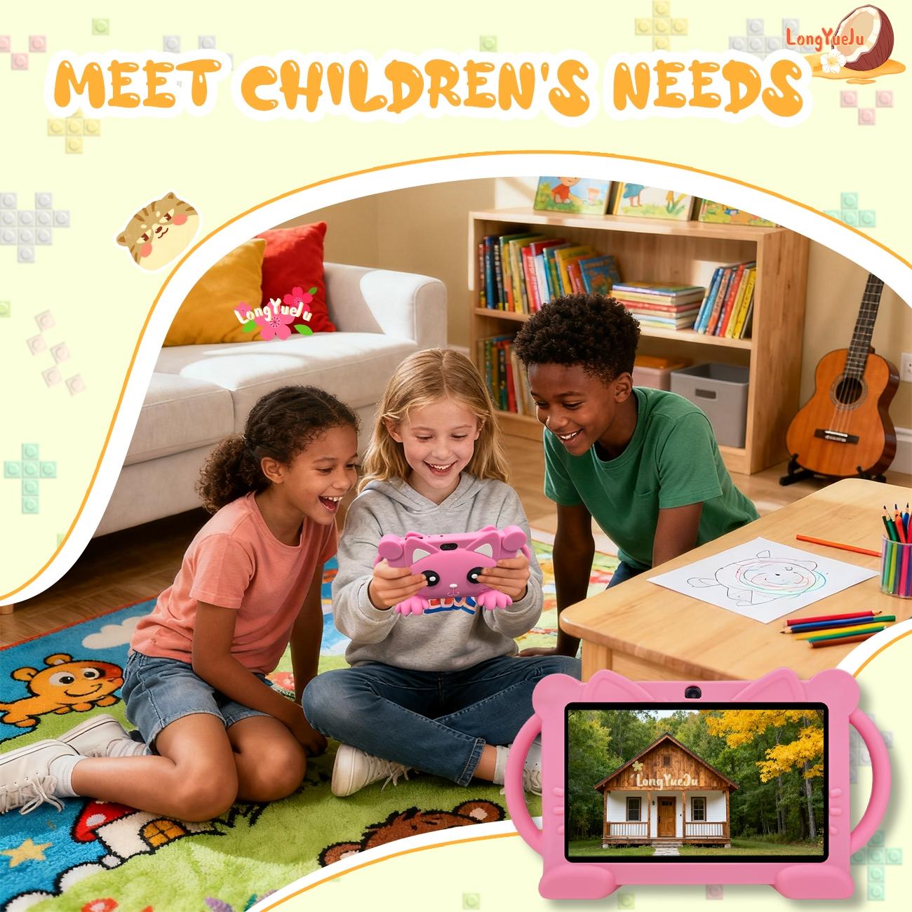 Interesting Smart Android Tablet, Android 12 for daily learning use, dual camera recording of life, parental control, anti fall and anti-collision, multiple applications, fast running, suitable for children and teenagers, no adapter, blue/pink