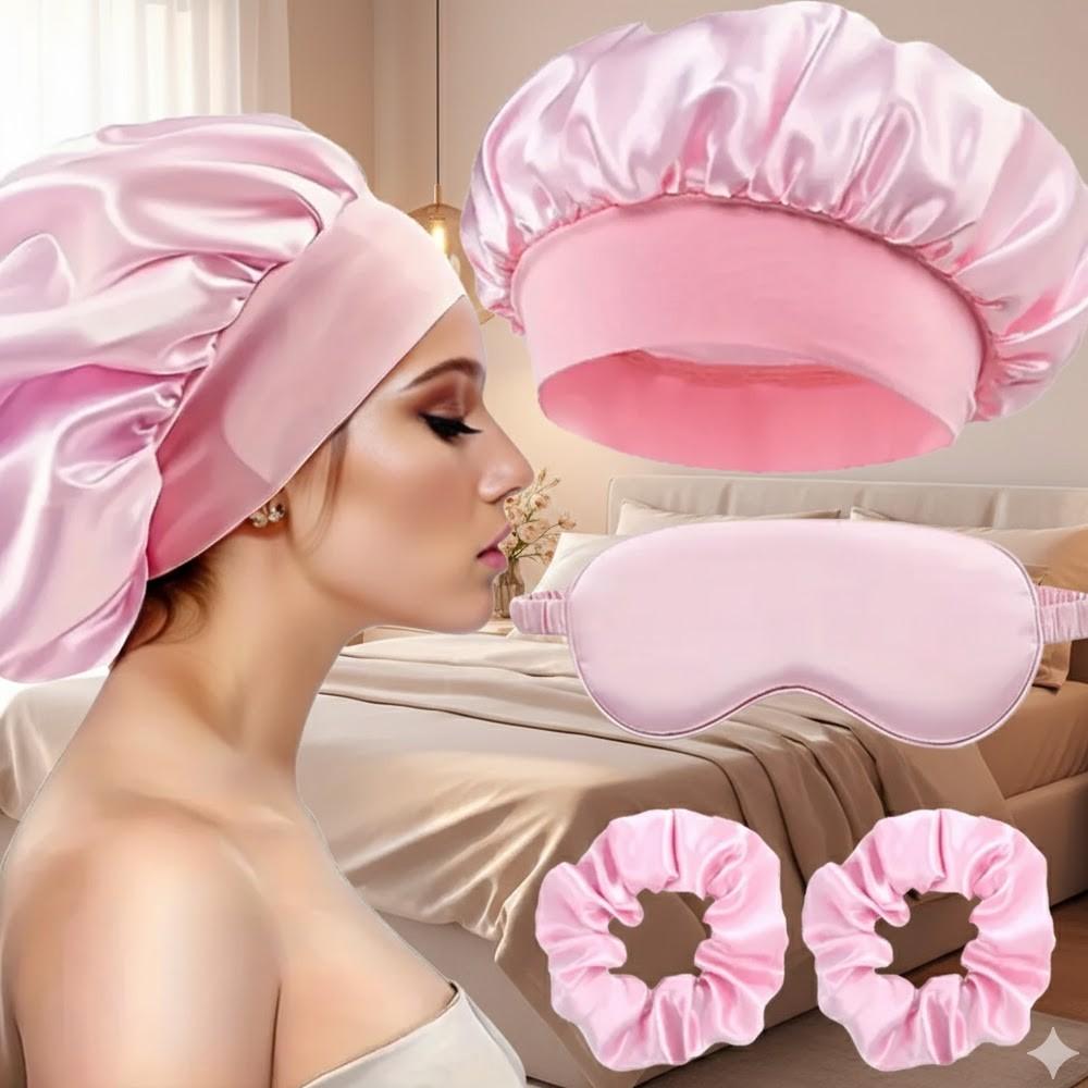 Sleep Mask and Hair Care Tool Set, Satin Sleep Cap, Soft Sleeping Eye Mask, 2 Hair Scrunchies, Alcohol-Free, Ideal for Travel & Home Use