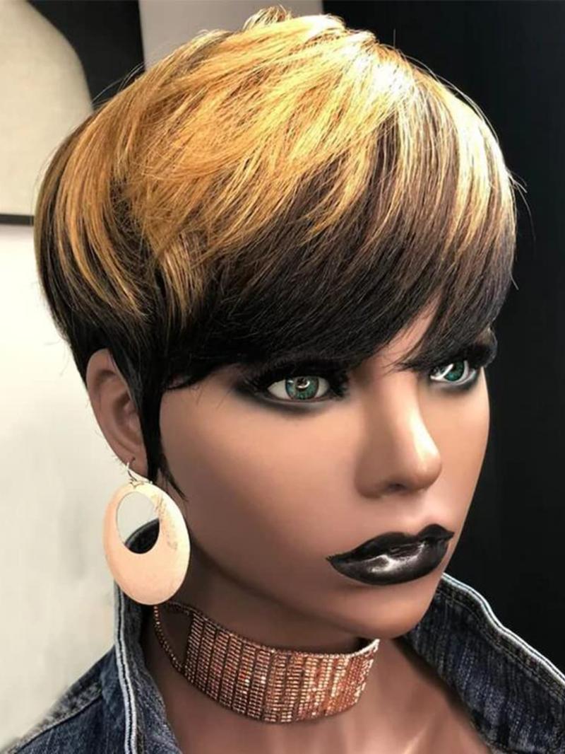 1b/27 Honey Blonde Ombre Color Short Wavy Bob Pixie Cut Wig, Full Machine-Made Human Hair, with Bangs for Women, Stylish & Versatile Design