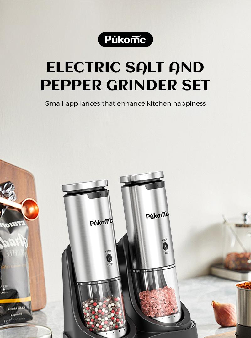 PUKOMC Rechargeable Salt & Pepper Grinder Set: 6 Settings, One-Hand Use,Detachable for Cleaning - Includes 12 Refills & Accessories! Kitchen Seasoning Utensils Coarseness Adjustable Base Style
