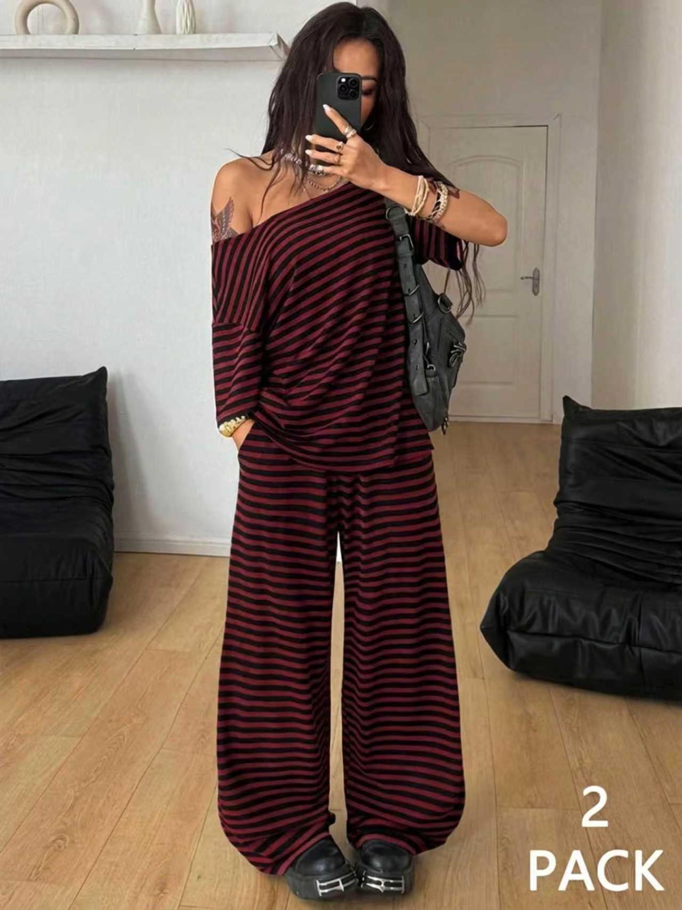 Women's Casual Streetwear Two-Piece Set, Comfortable Shoulder-Exposed Top & Wide-Leg Pants, Daily Wear Sportswear Women's Casual Streetwear Two-Piece Set, Comfortable Shoulder-Exposed Top & Wide-Leg Pants, Daily Wear Sportswear