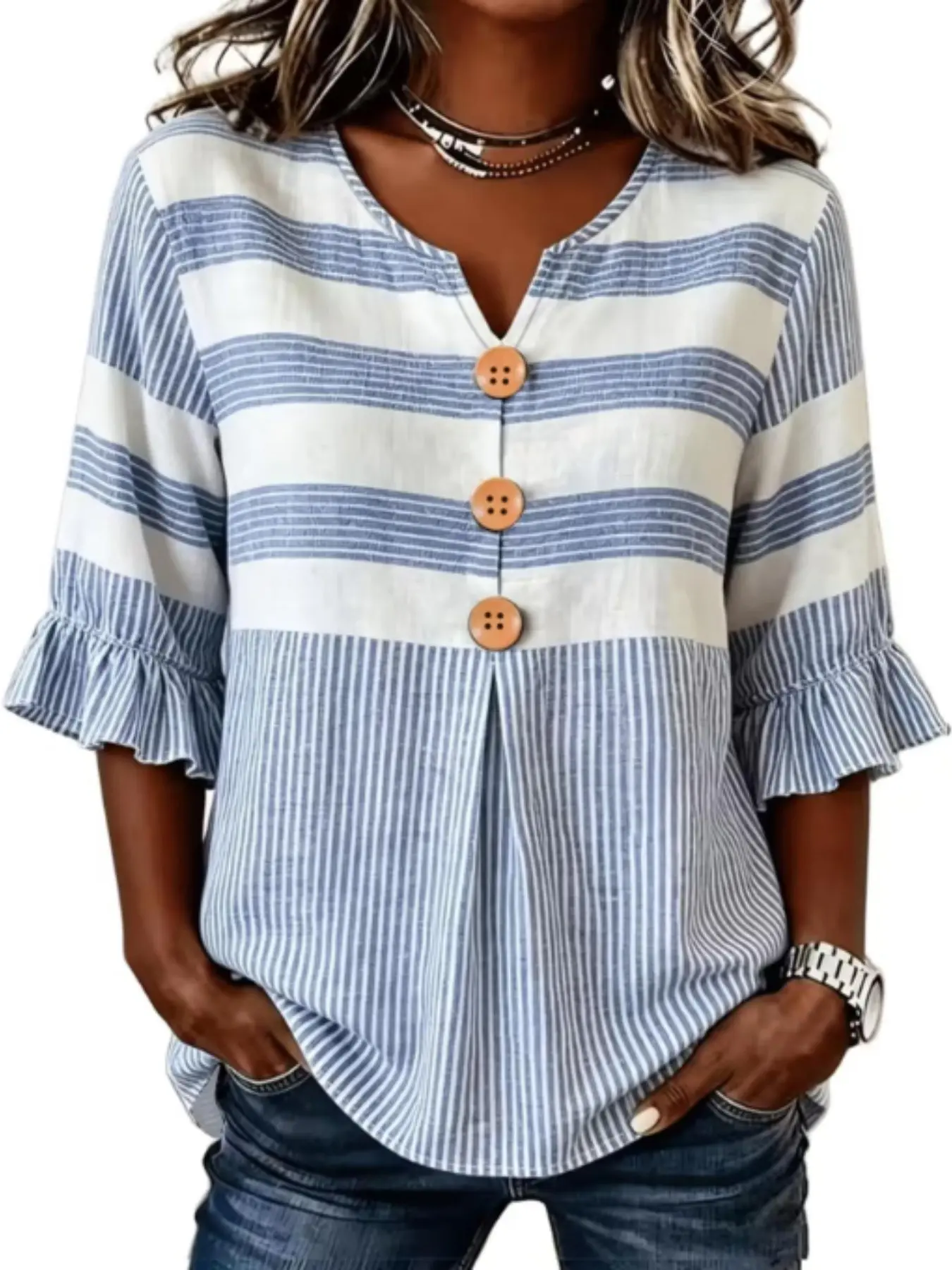 Women Notch V Neck Blouse Heat Sublimation Light Blue Patchwork Mixed Gingham Stripe Floral Print 3/4 Ruffle Sleeve Shirt Wood Button Decor Loose Fit Tunic Top Casual Daily Office Vacation Wear For Ladies